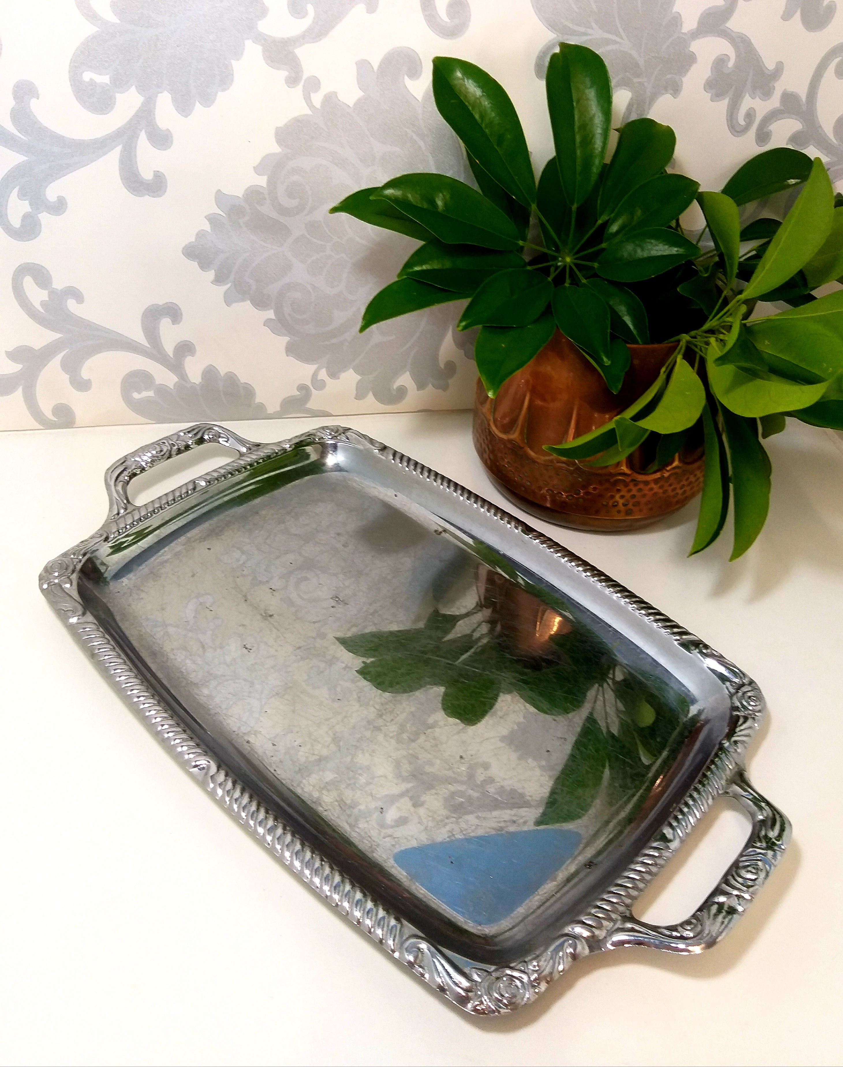 Rectangular Silver Plated Vintage Serving Tray With Handles & Repousse Craft Rim Patterning