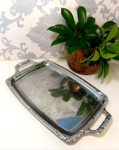 Rectangular Silver Plated Vintage Serving Tray With Handles & Repousse Craft Rim Patterning