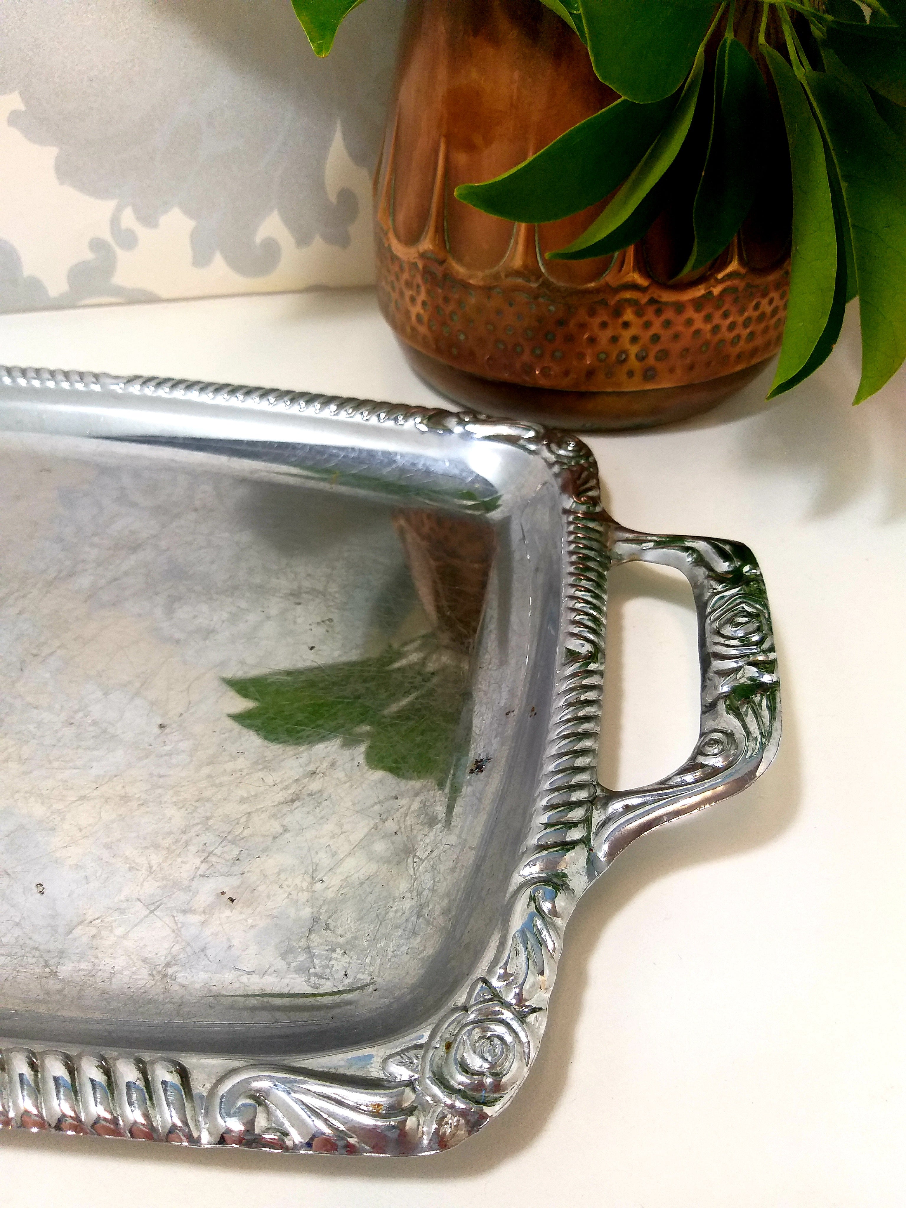 Rectangular Silver Plated Vintage Serving Tray With Handles & Repousse Craft Rim Patterning