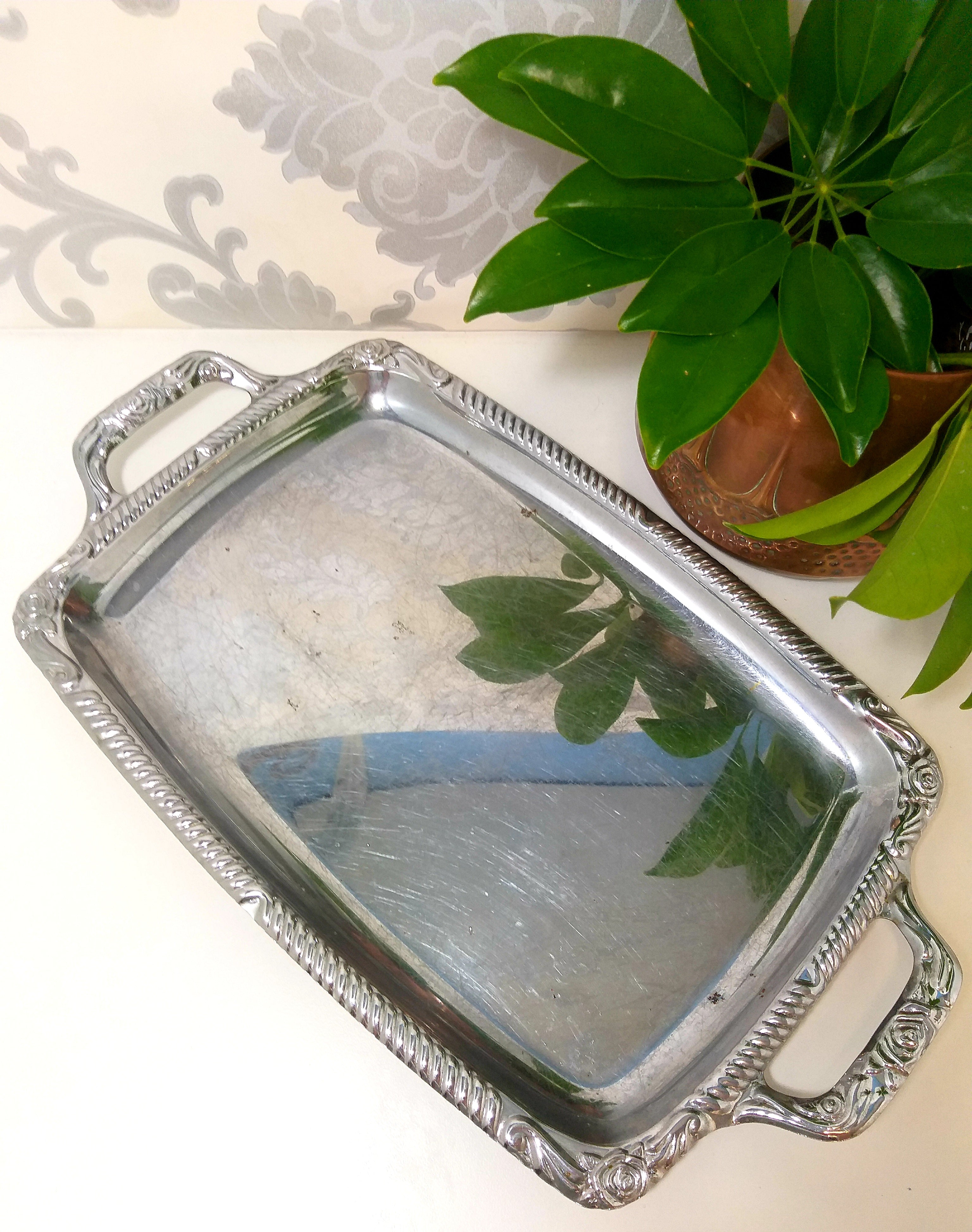 Rectangular Silver Plated Vintage Serving Tray With Handles & Repousse Craft Rim Patterning