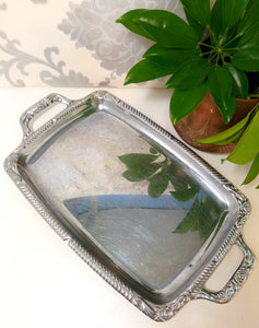 Rectangular Silver Plated Vintage Serving Tray With Handles & Repousse Craft Rim Patterning
