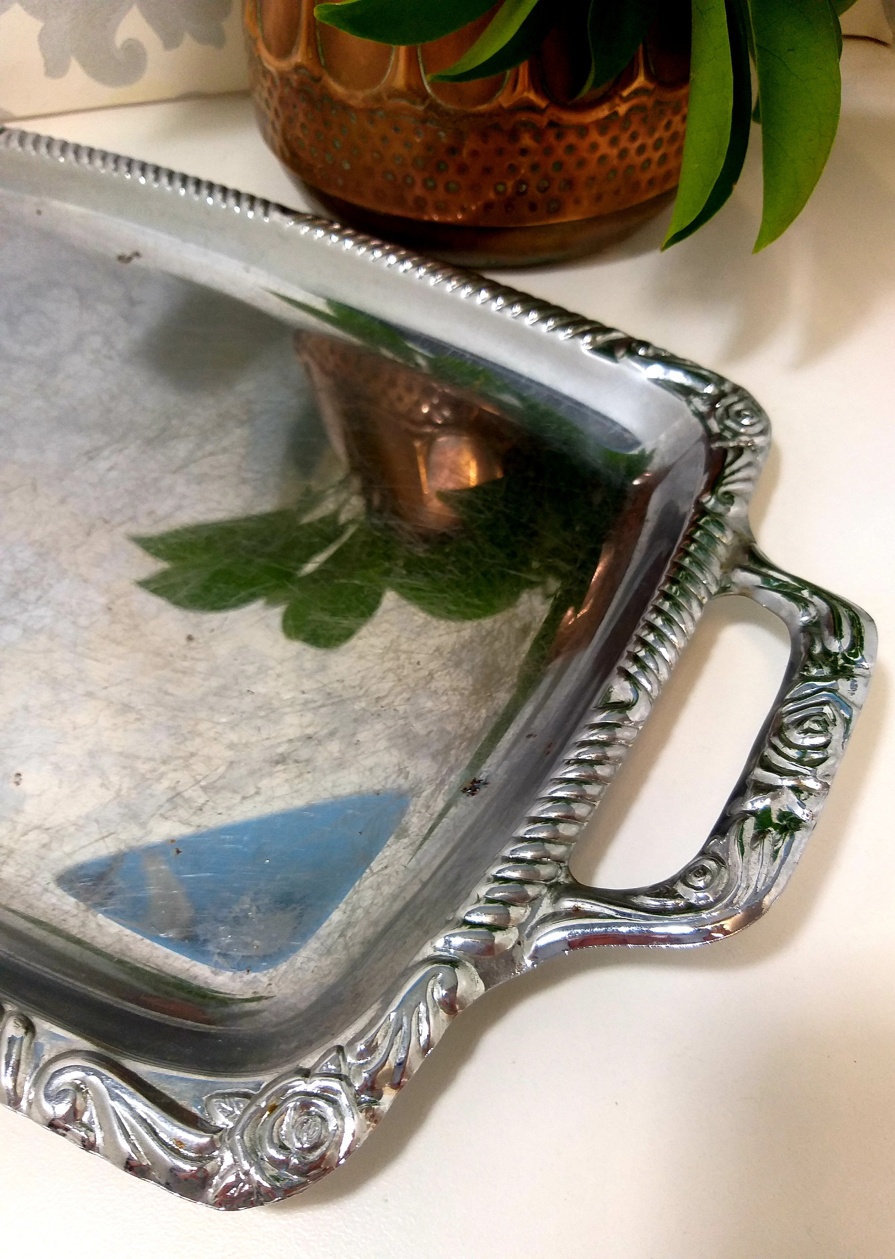 Rectangular Silver Plated Vintage Serving Tray With Handles & Repousse Craft Rim Patterning