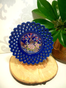 Collectable Vintage Cobalt Blue Japanese Interpur Display Plate – Peacocks & Lattice Edge