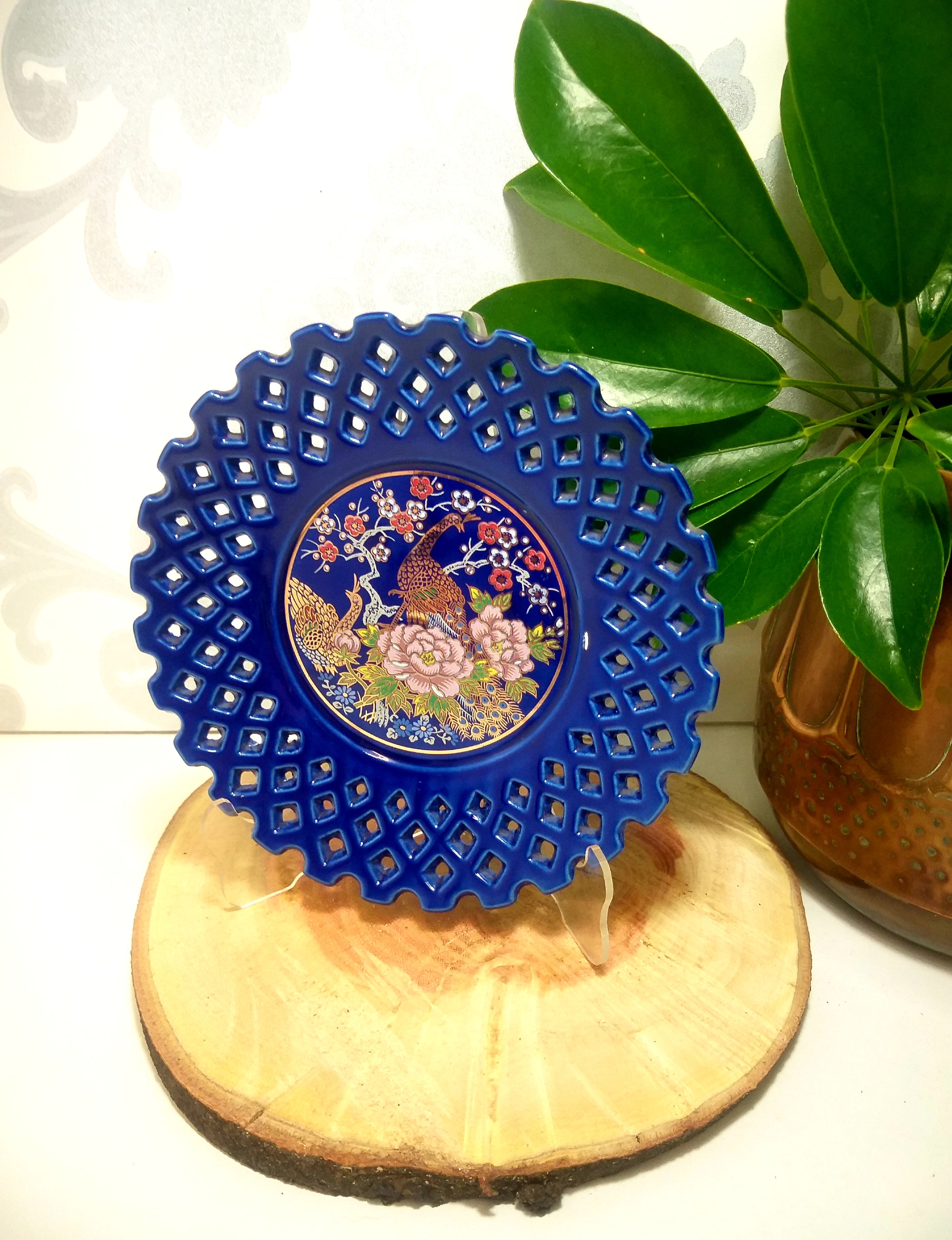 Collectable Vintage Cobalt Blue Japanese Interpur Display Plate – Peacocks & Lattice Edge
