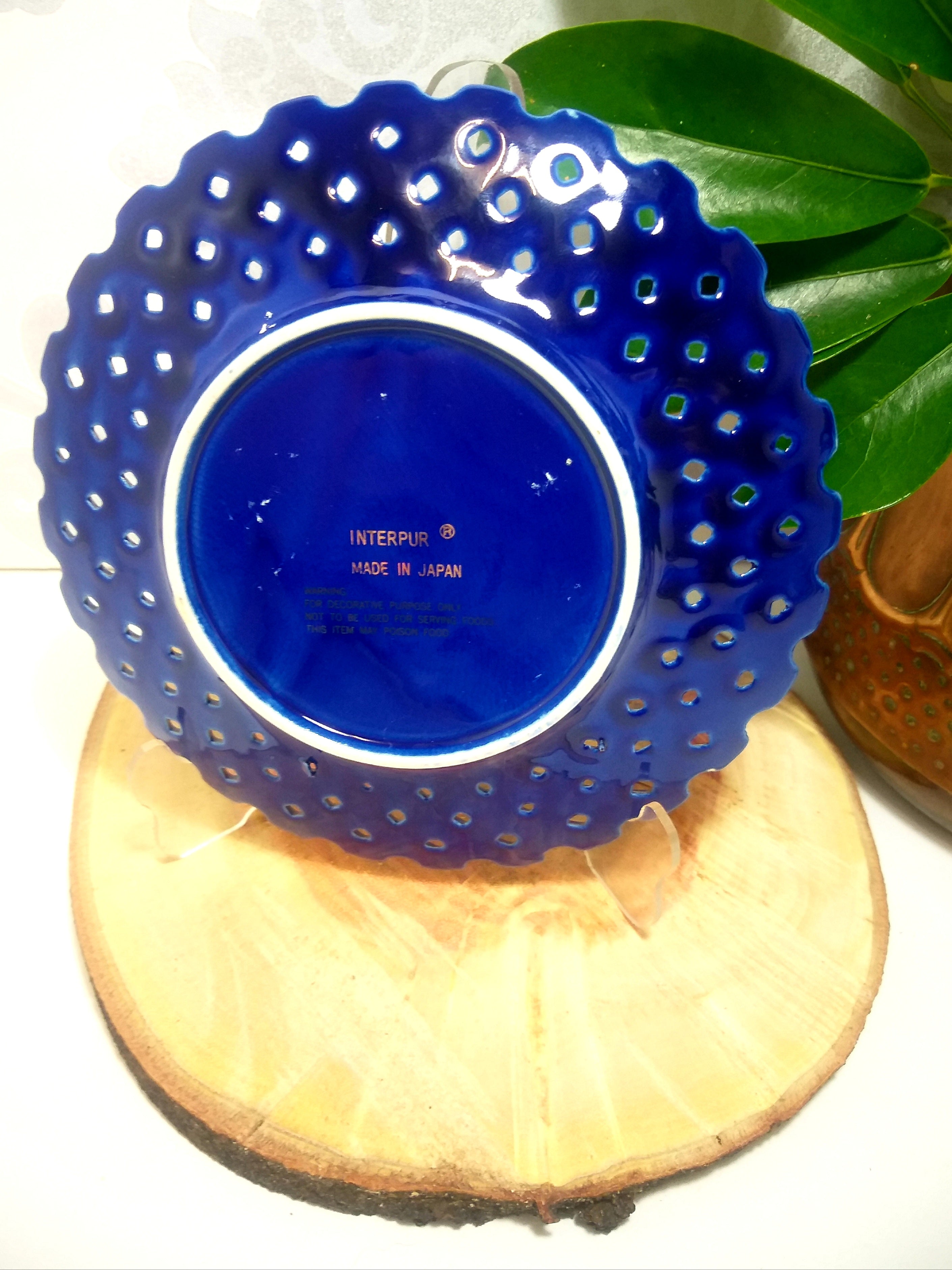 Collectable Vintage Cobalt Blue Japanese Interpur Display Plate – Peacocks & Lattice Edge