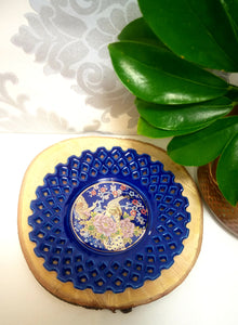 Collectable Vintage Cobalt Blue Japanese Interpur Display Plate – Peacocks & Lattice Edge