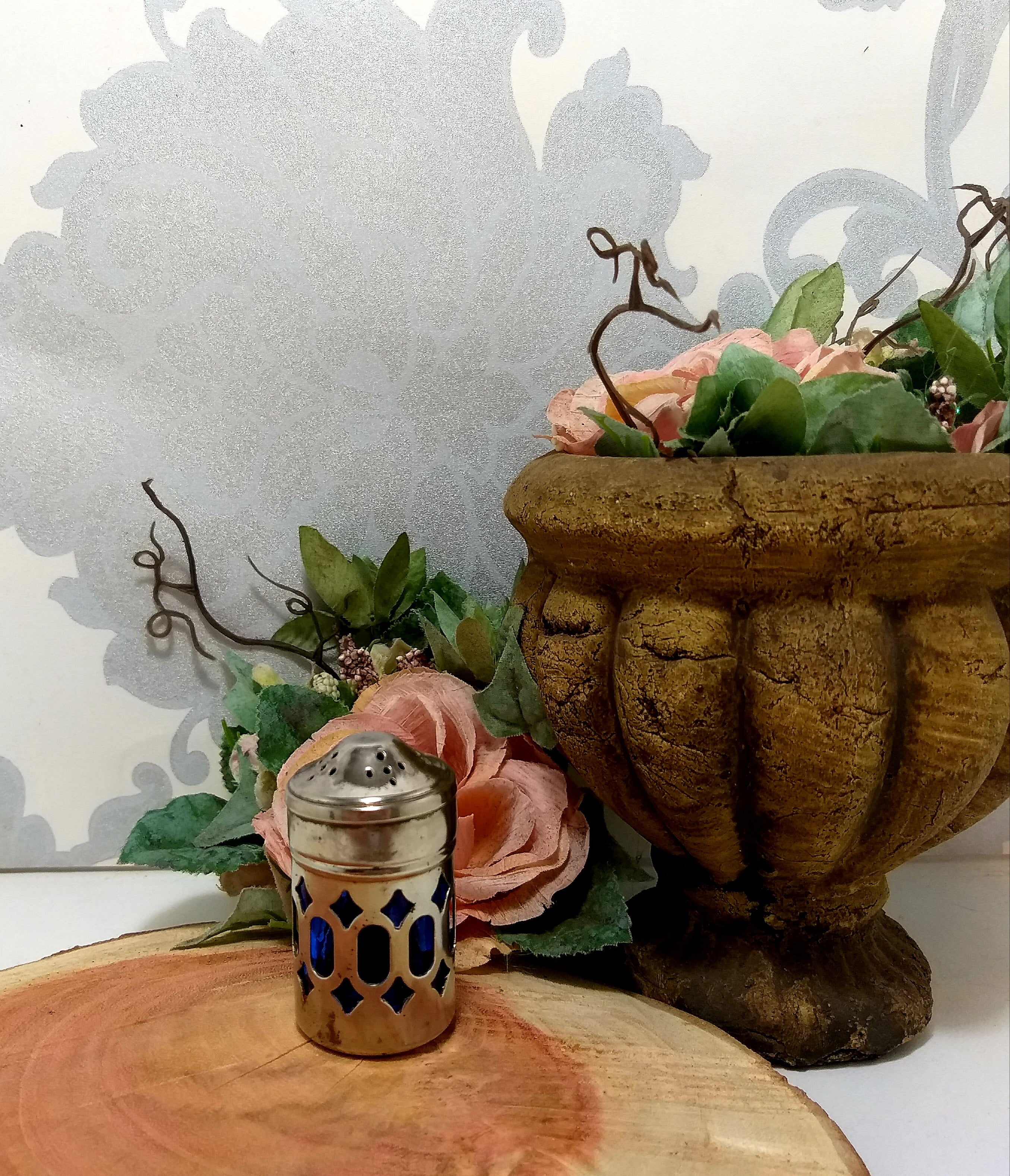 Small Vintage Silver Plated Salt Pot With Glass Cobalt Liner