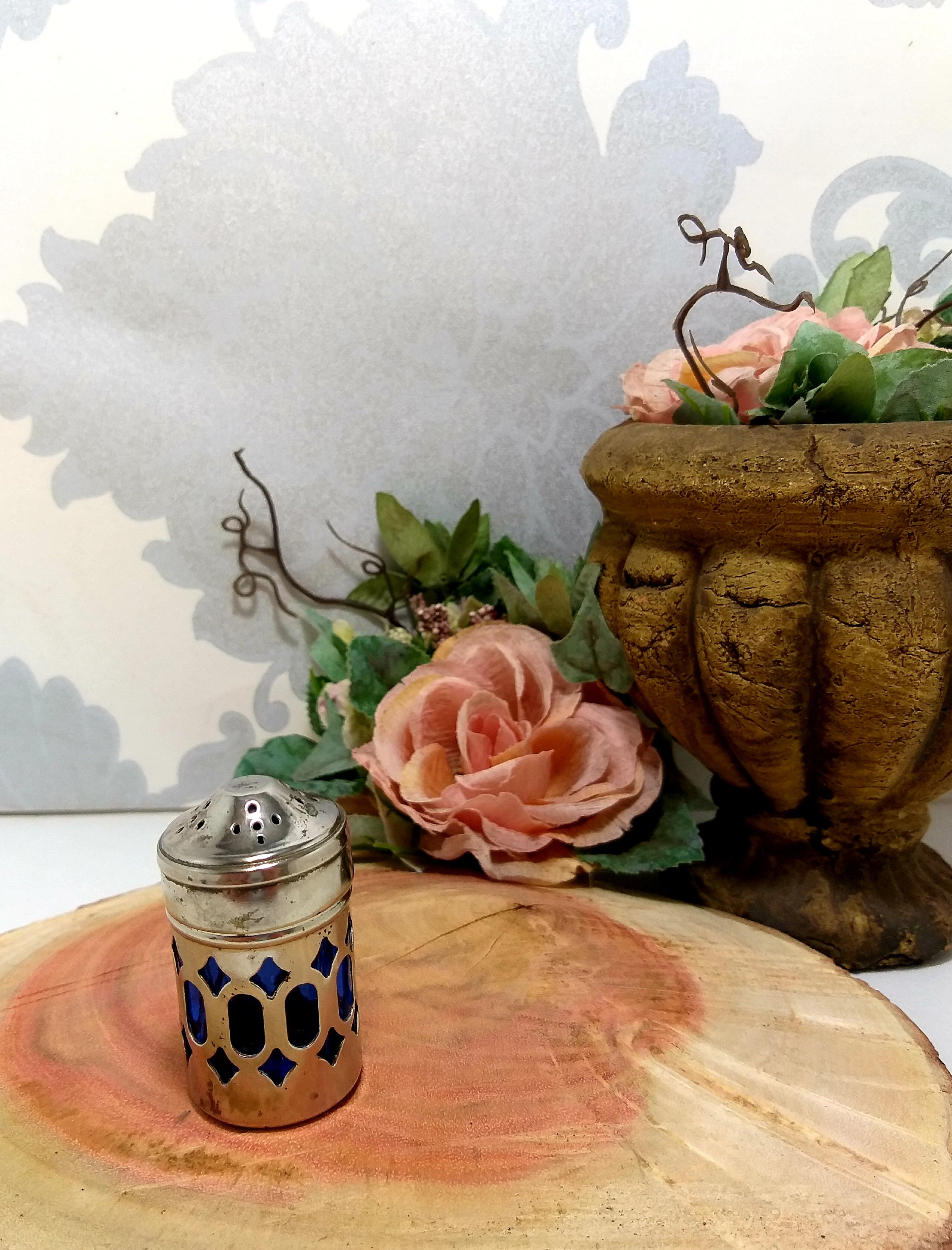 Small Vintage Silver Plated Salt Pot With Glass Cobalt Liner