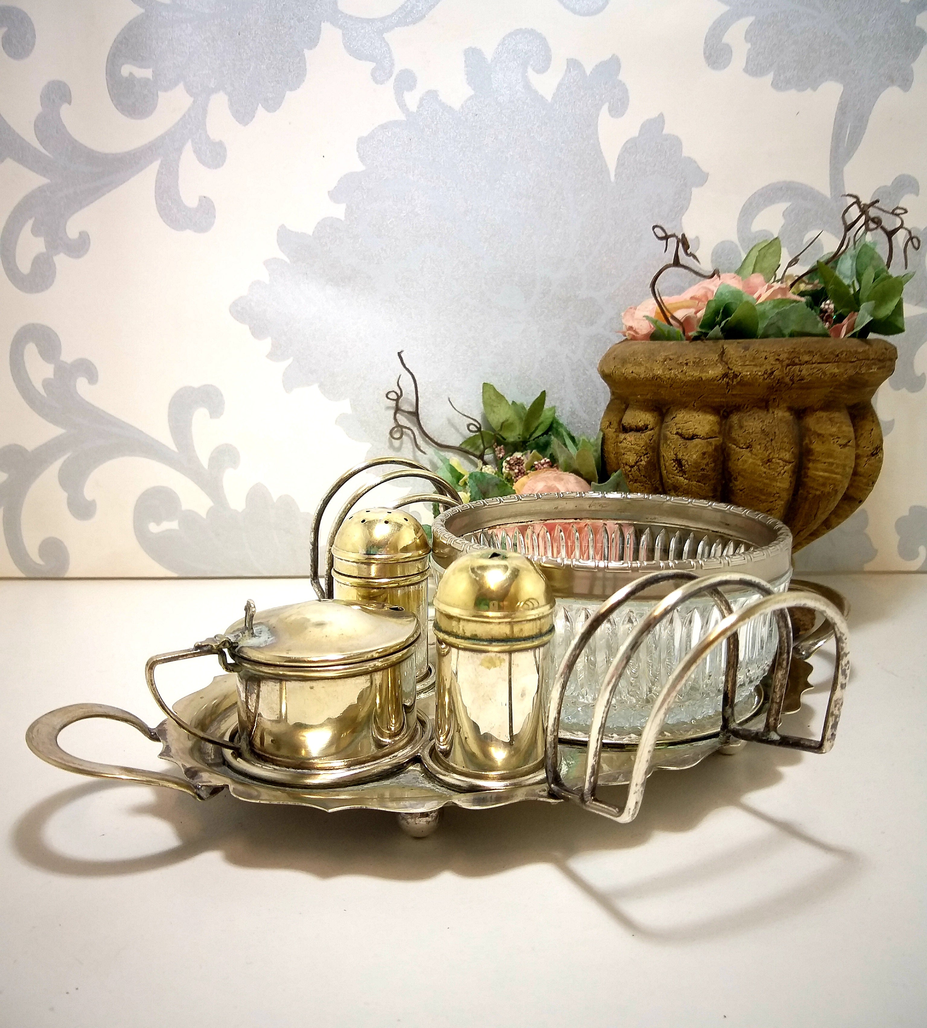 Vintage (Assembled) Silver Plated EPNS Cruet Set – Tray, Salt, Pepper &  Mustard Pot, Double Toast Rack & Condiment Bowl