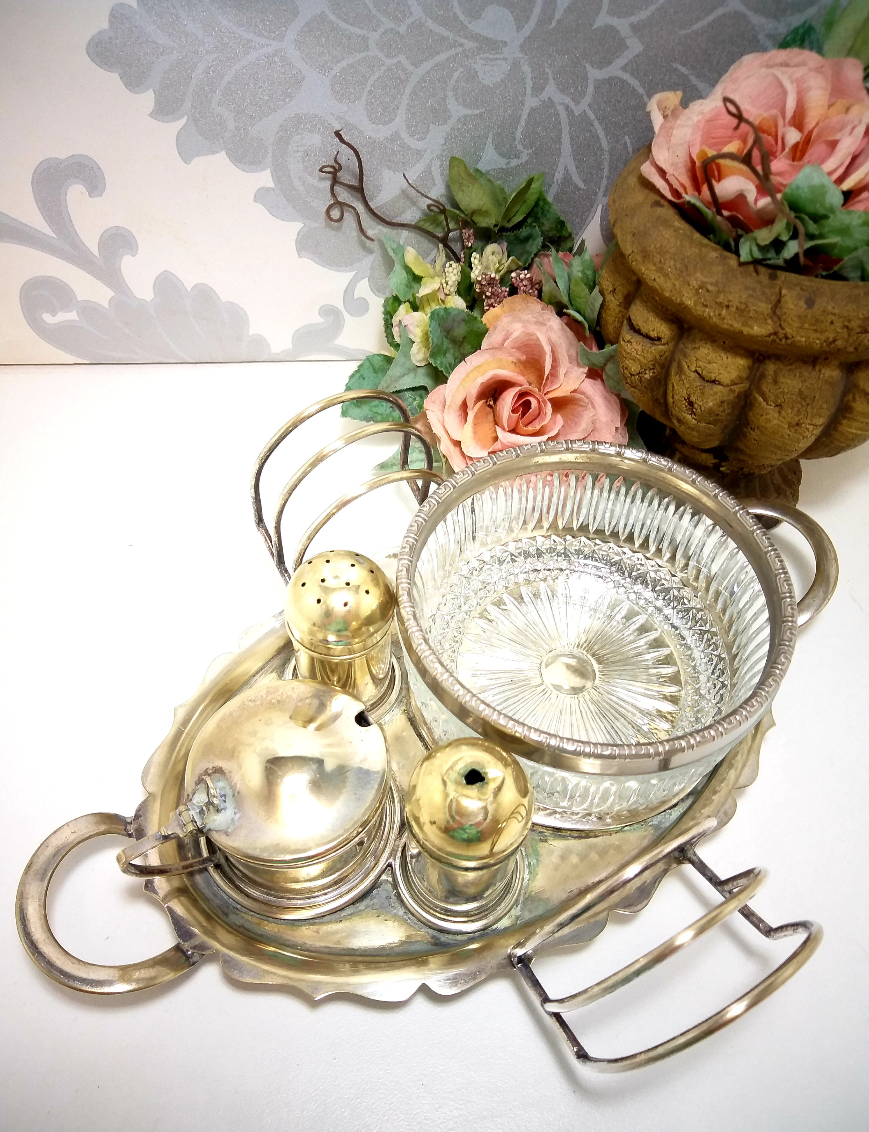 Vintage (Assembled) Silver Plated EPNS Cruet Set – Tray, Salt, Pepper &  Mustard Pot, Double Toast Rack & Condiment Bowl