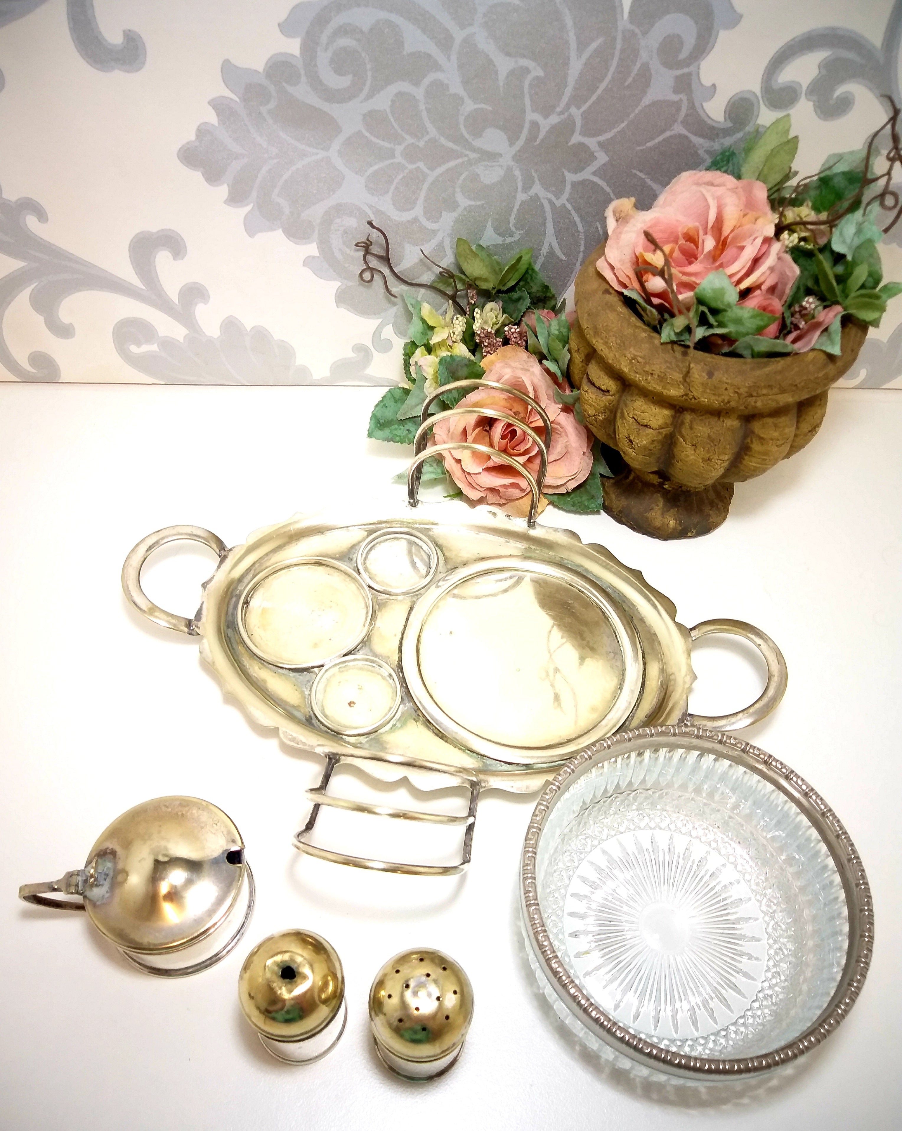 Vintage (Assembled) Silver Plated EPNS Cruet Set – Tray, Salt, Pepper &  Mustard Pot, Double Toast Rack & Condiment Bowl