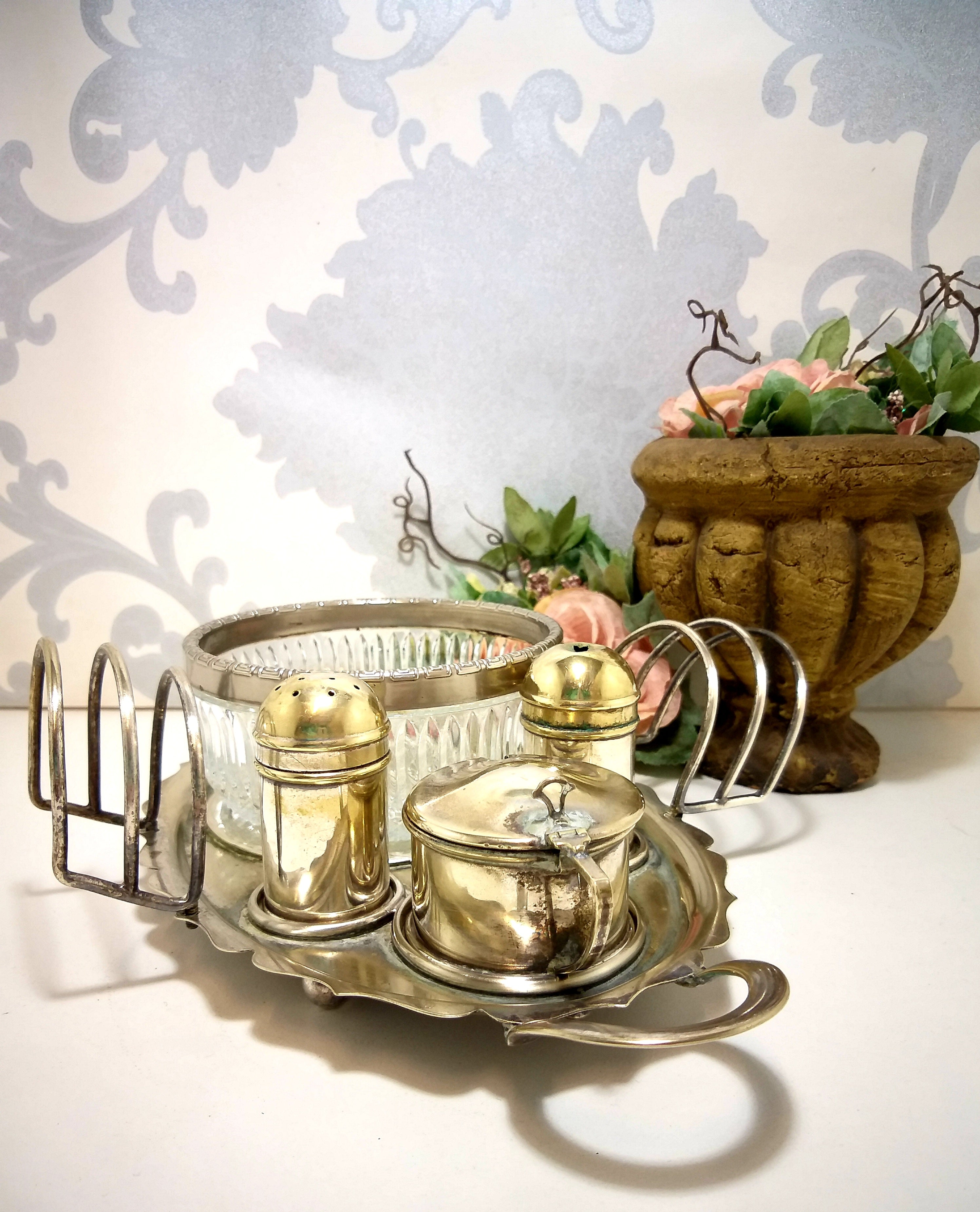 Vintage (Assembled) Silver Plated EPNS Cruet Set – Tray, Salt, Pepper &  Mustard Pot, Double Toast Rack & Condiment Bowl