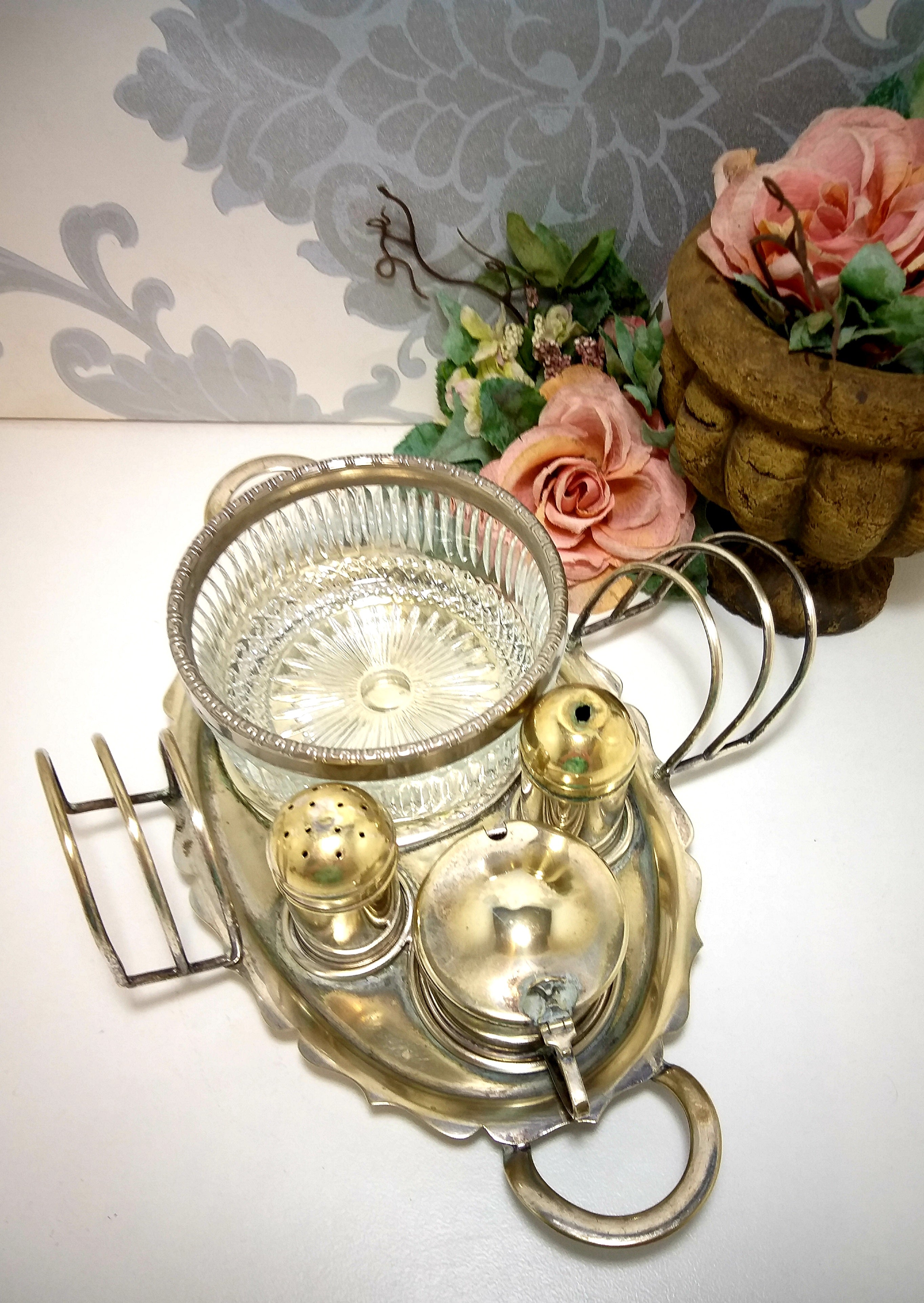 Vintage (Assembled) Silver Plated EPNS Cruet Set – Tray, Salt, Pepper &  Mustard Pot, Double Toast Rack & Condiment Bowl