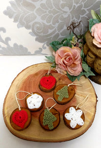 Set Of 6 Wooden Christmas Tree Ornaments With Micro Crochet Motifs