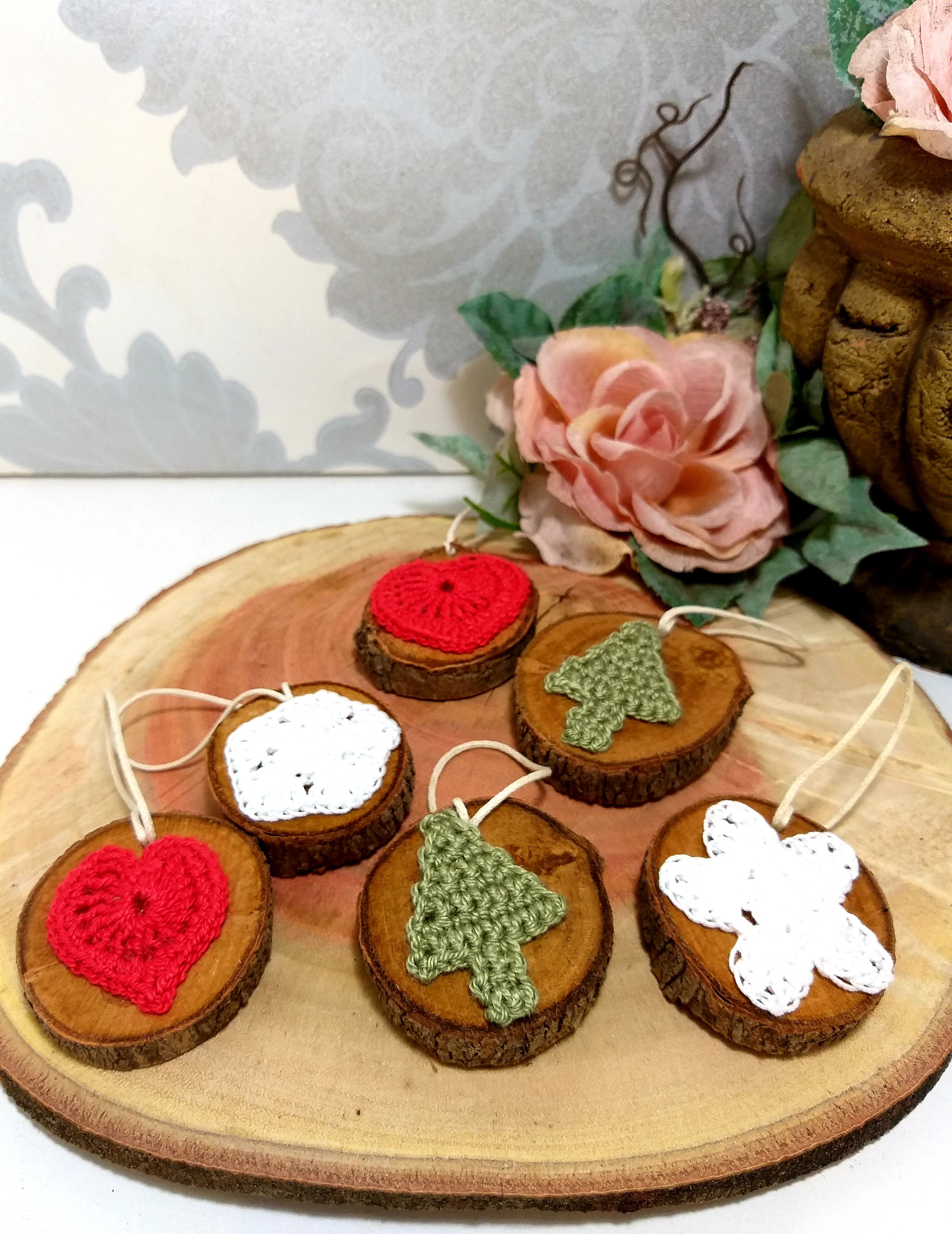 Set Of 6 Wooden Christmas Tree Ornaments With Micro Crochet Motifs