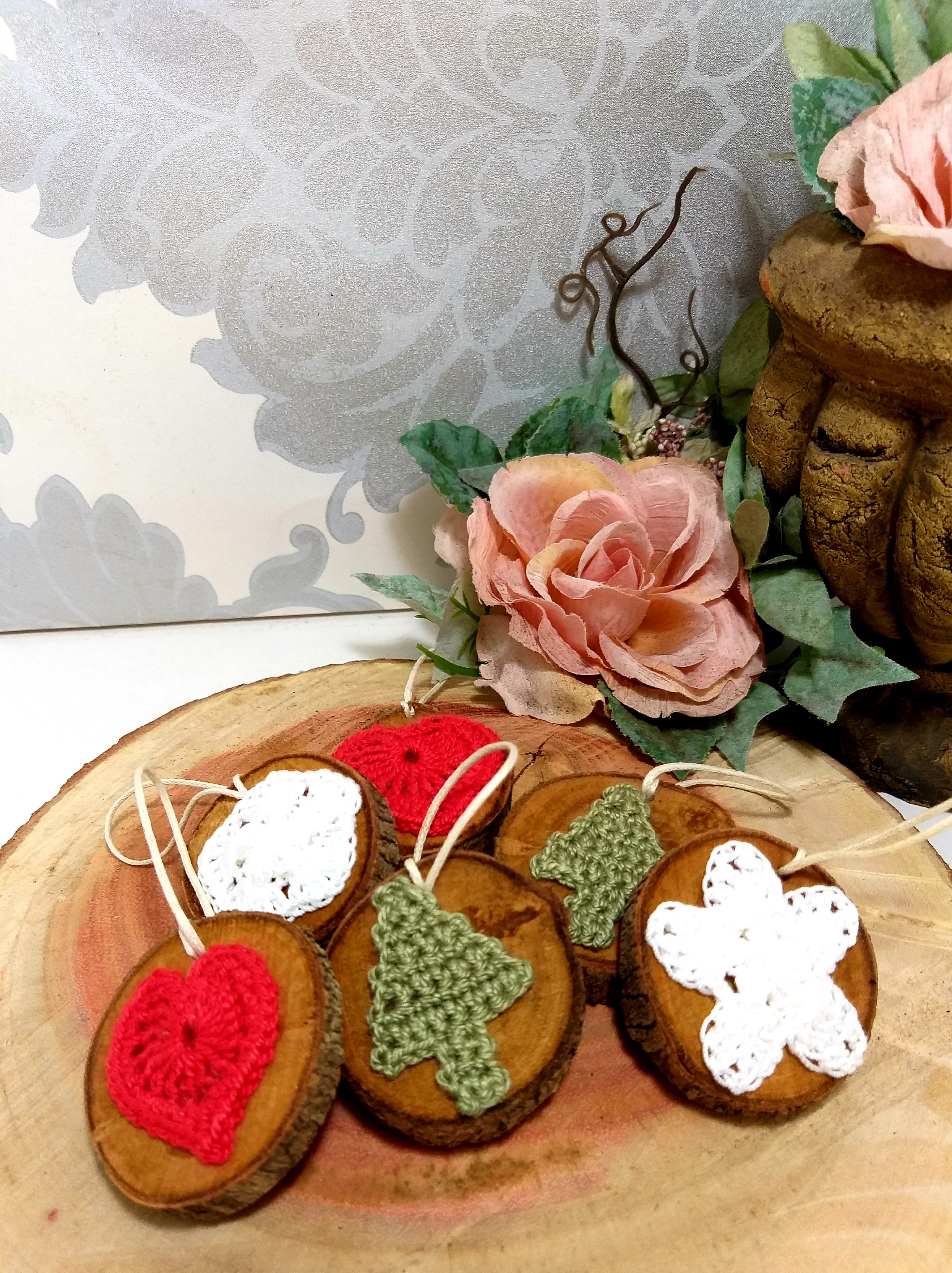 Set Of 6 Wooden Christmas Tree Ornaments With Micro Crochet Motifs