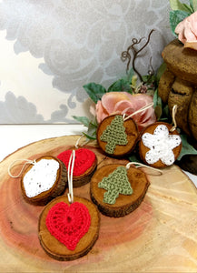 Set Of 6 Wooden Christmas Tree Ornaments With Micro Crochet Motifs