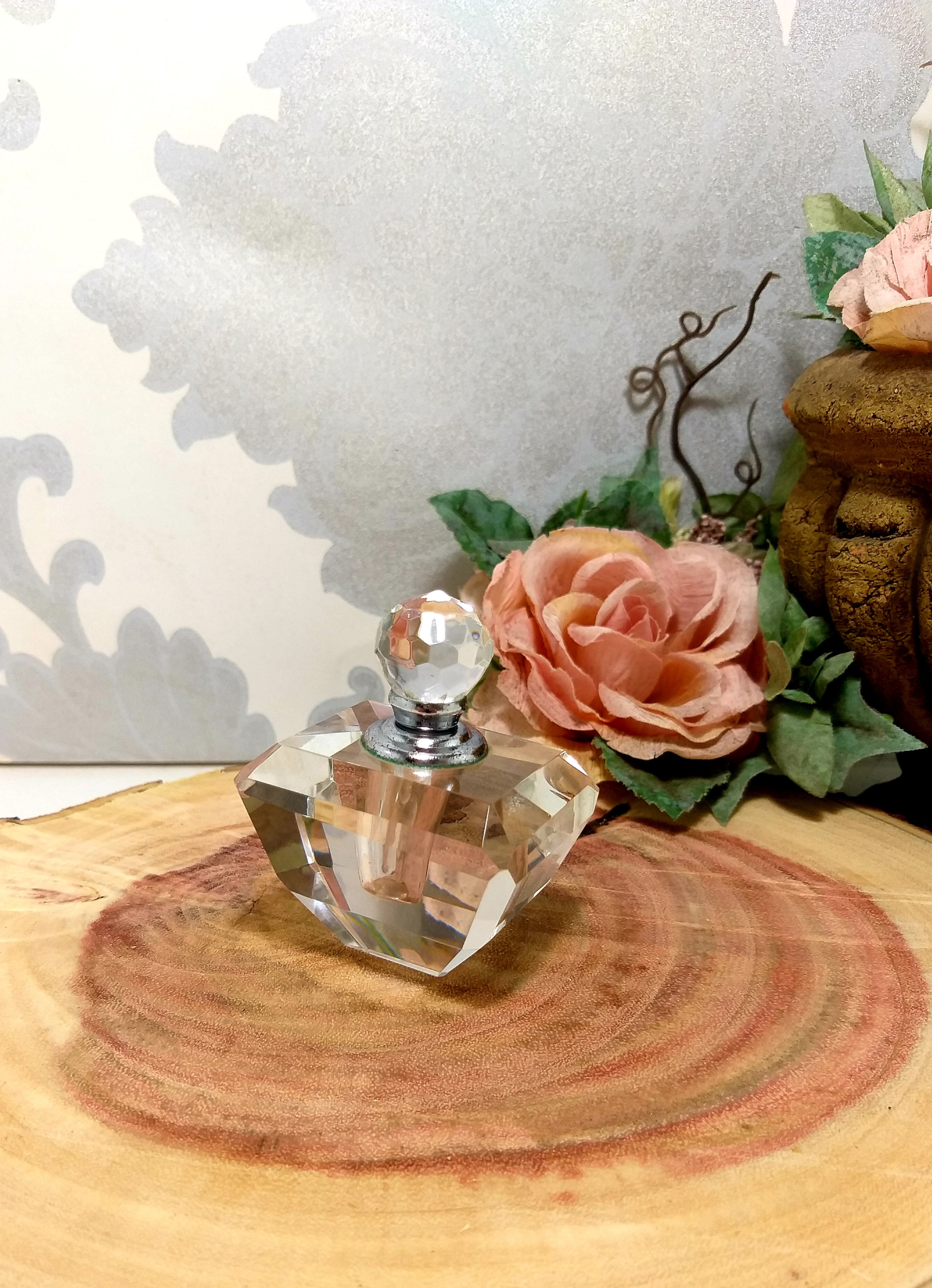 Vintage Facet Cut Crystal Perfume Bottle With Screw Top & Glass Wand