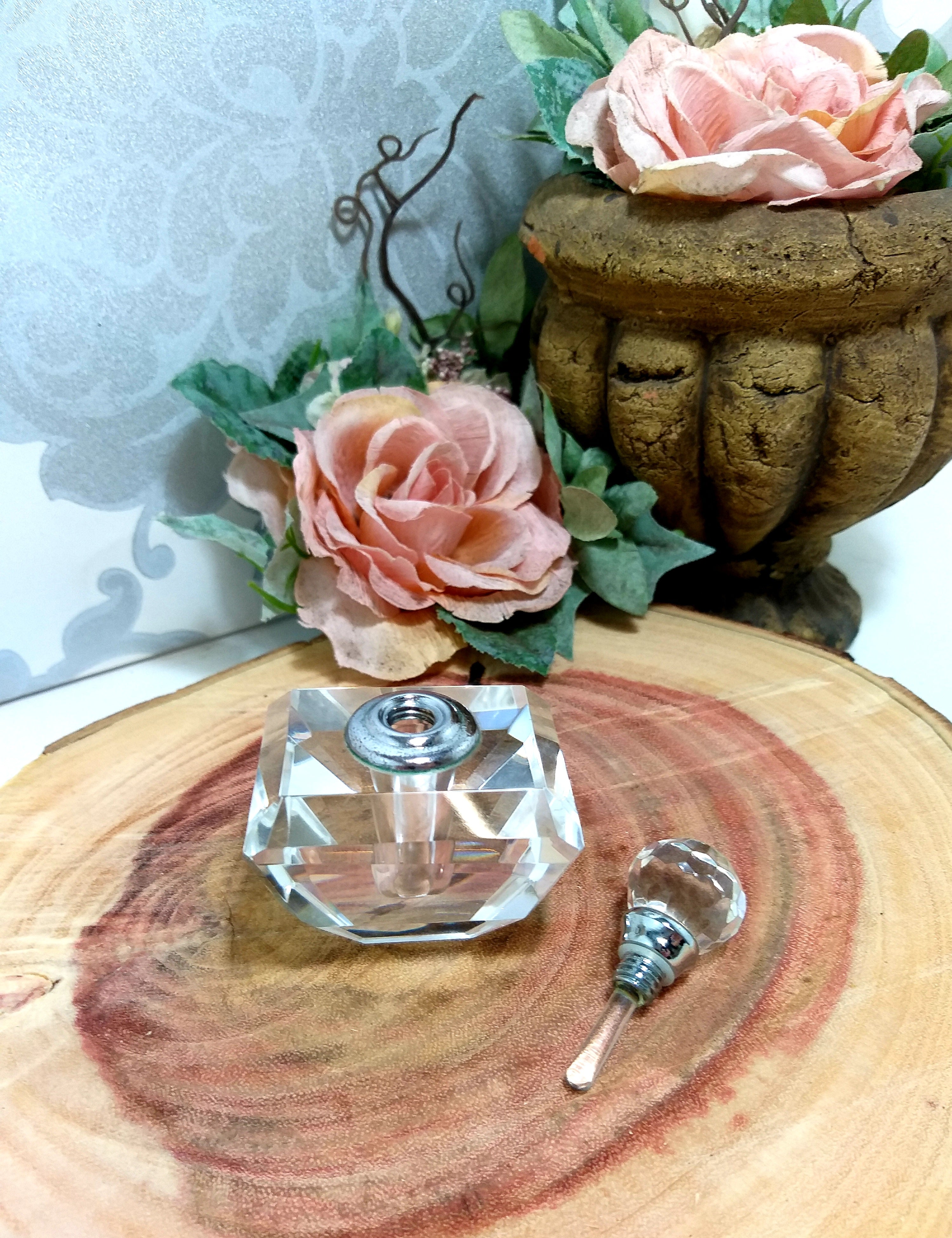 Vintage Facet Cut Crystal Perfume Bottle With Screw Top & Glass Wand