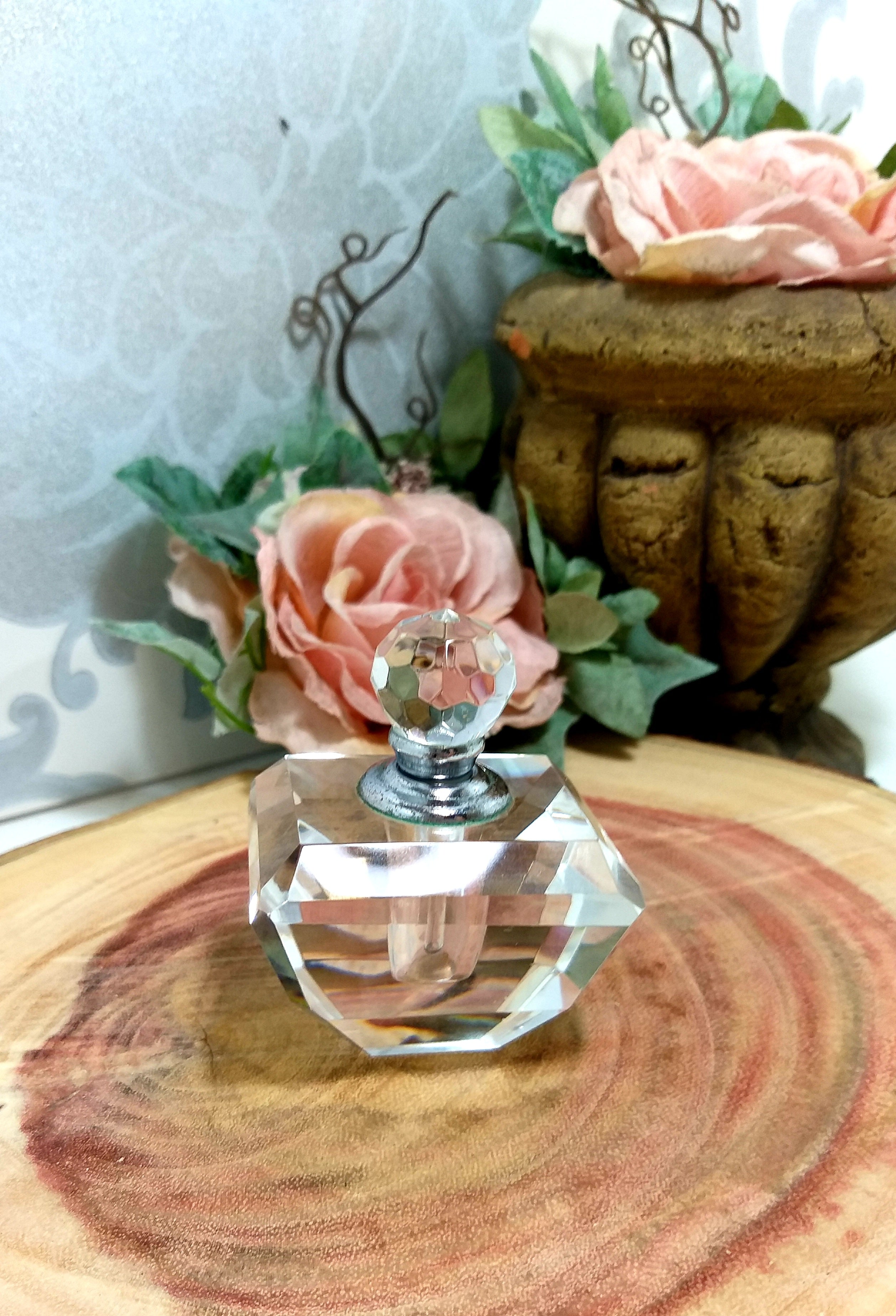 Vintage Facet Cut Crystal Perfume Bottle With Screw Top & Glass Wand