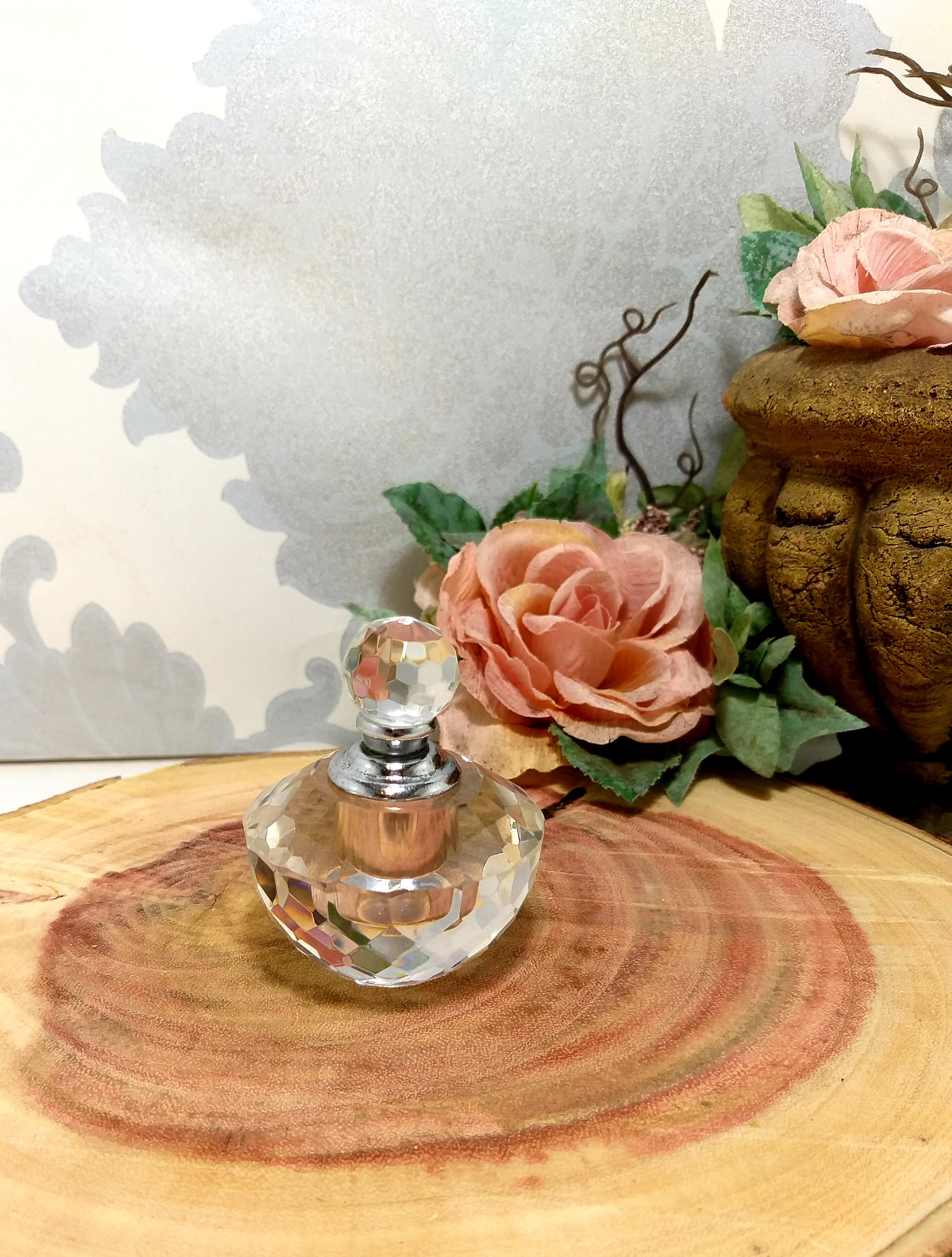 Vintage Facet Cut Crystal Perfume Bottle With Screw Top & Glass Wand