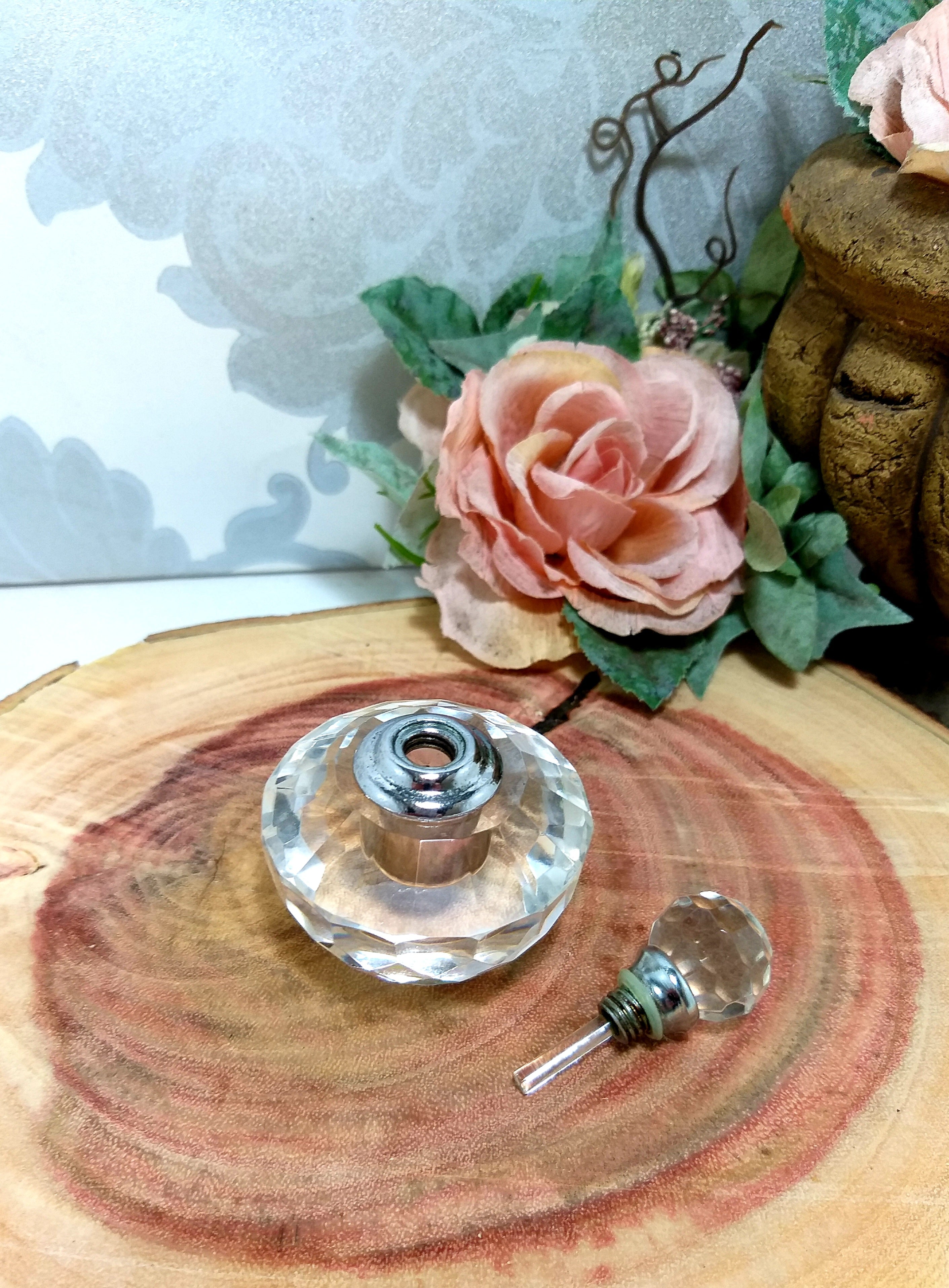 Vintage Facet Cut Crystal Perfume Bottle With Screw Top & Glass Wand