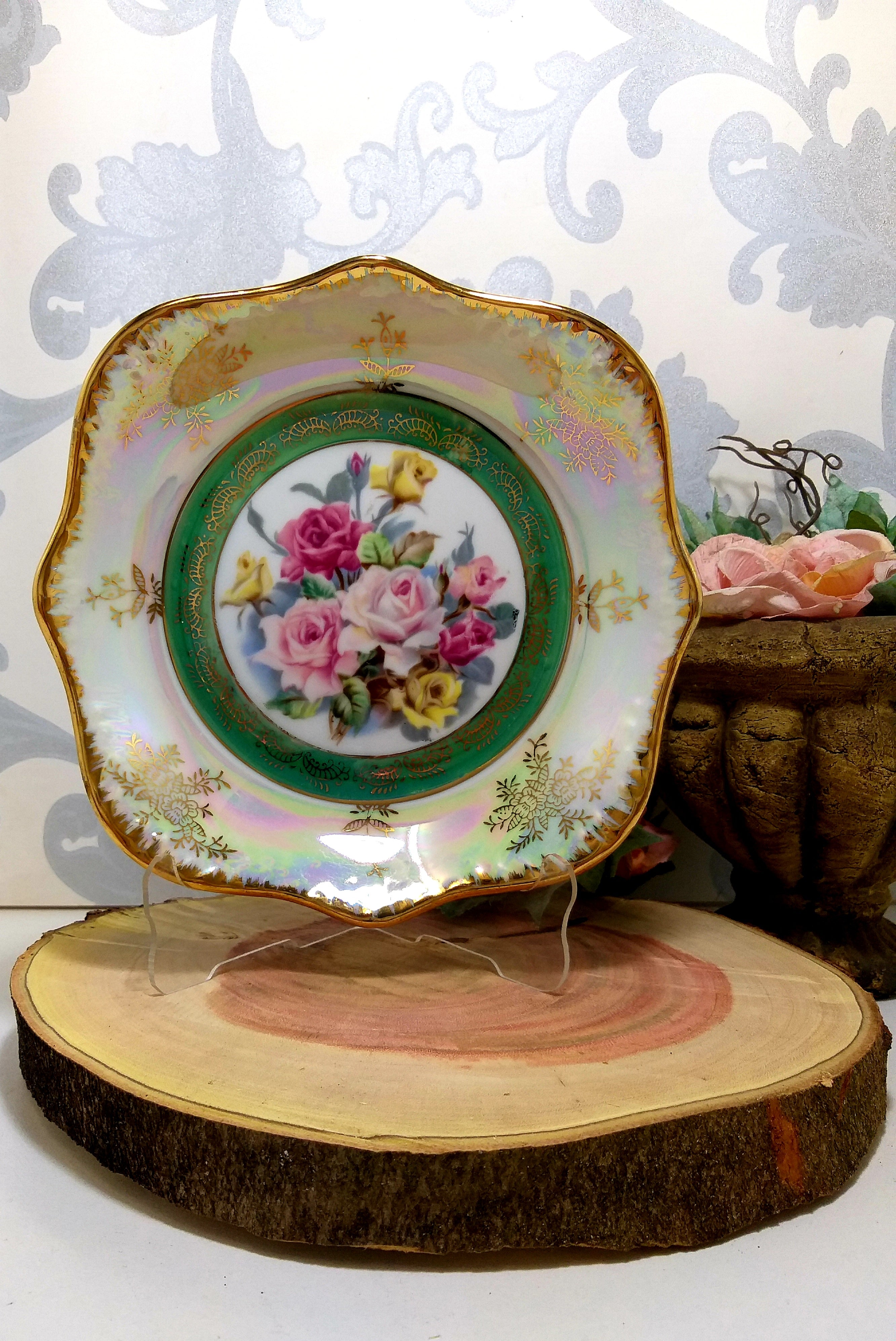 Vintage Japanese Turquoise & Mother Of Pearl Bowl With Rose Pattern