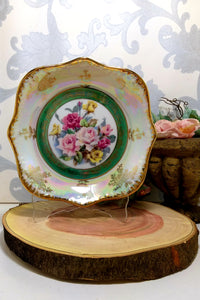 Vintage Japanese Turquoise & Mother Of Pearl Bowl With Rose Pattern