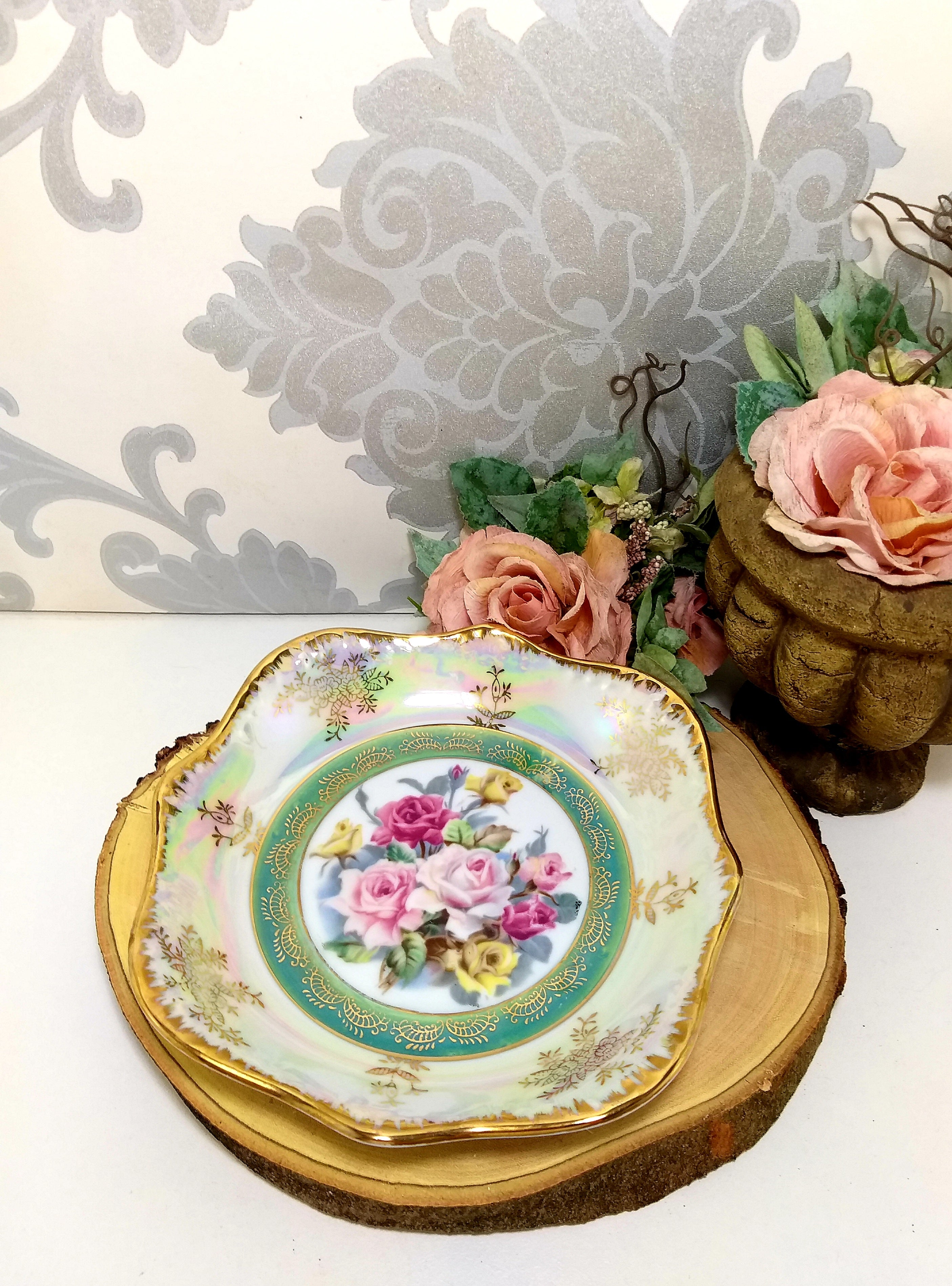 Vintage Japanese Turquoise & Mother Of Pearl Bowl With Rose Pattern