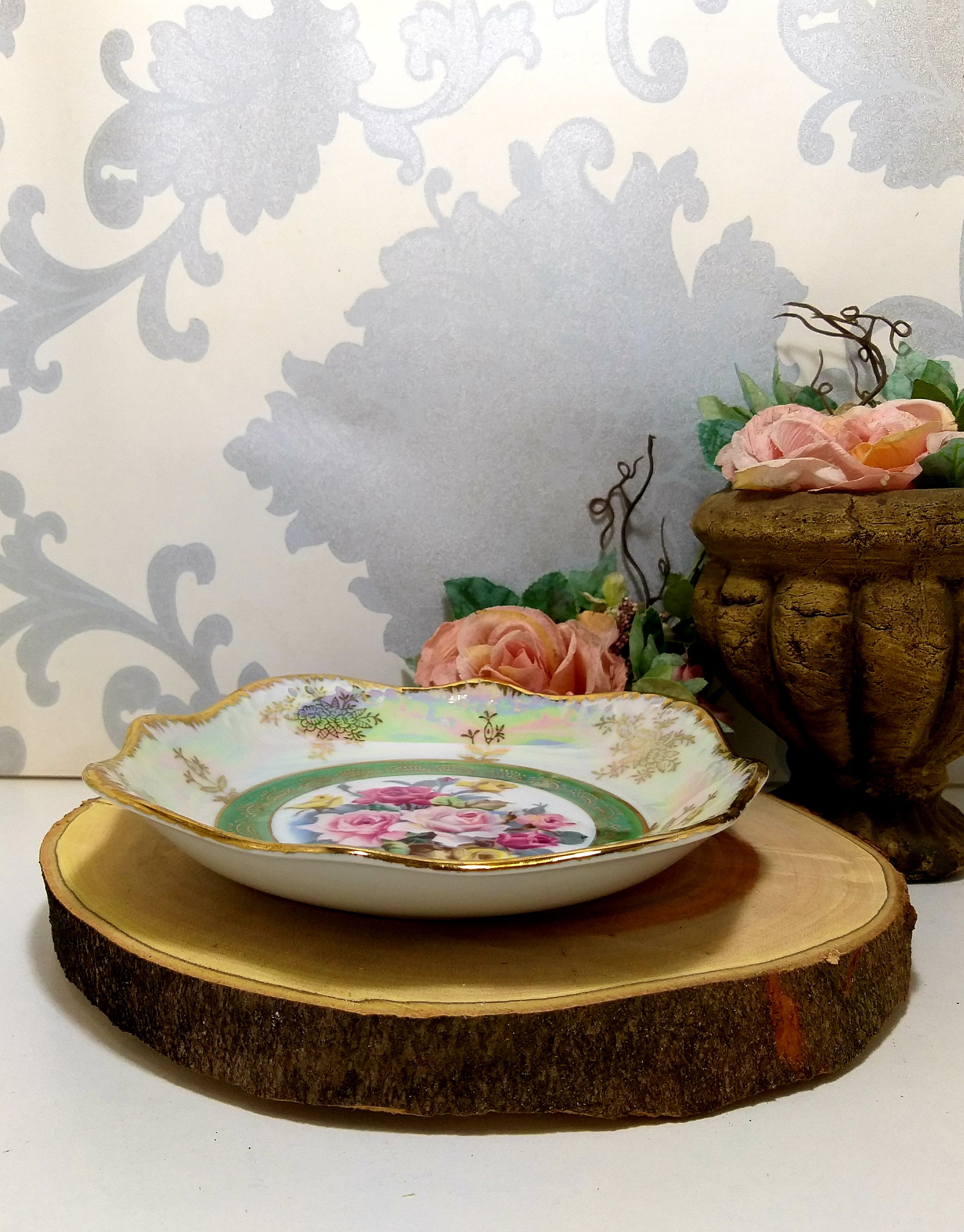 Vintage Japanese Turquoise & Mother Of Pearl Bowl With Rose Pattern