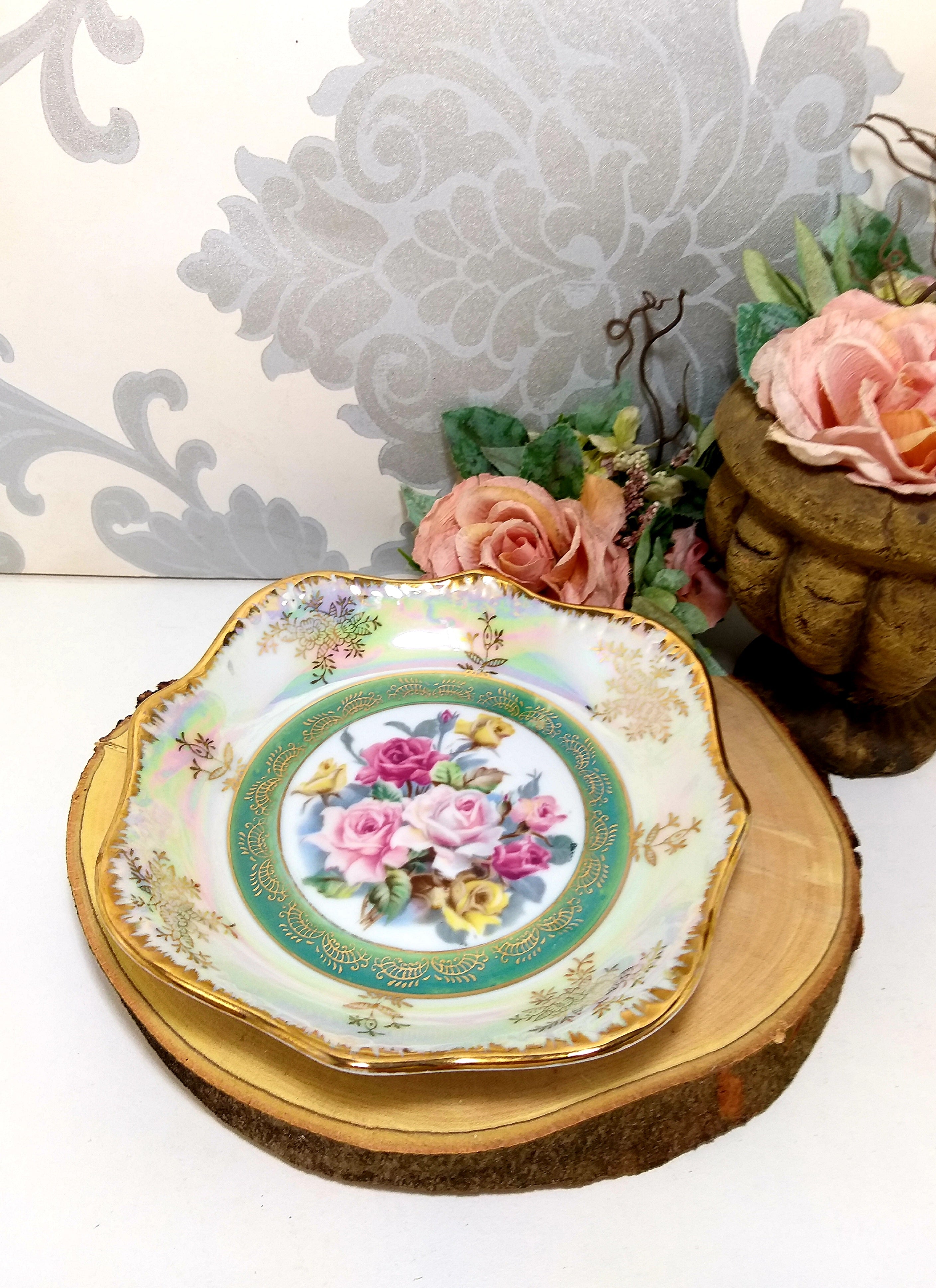 Vintage Japanese Turquoise & Mother Of Pearl Bowl With Rose Pattern