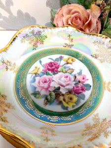 Vintage Japanese Turquoise & Mother Of Pearl Bowl With Rose Pattern