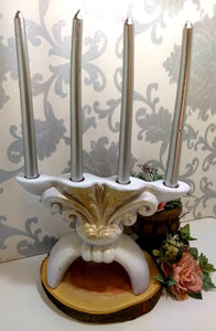 Large Ceramic Heavy 4 Candle Holder In Soft Grey & Rose Gold Almost In Fleur-de-lis Pattern