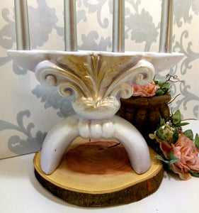 Large Ceramic Heavy 4 Candle Holder In Soft Grey & Rose Gold Almost In Fleur-de-lis Pattern