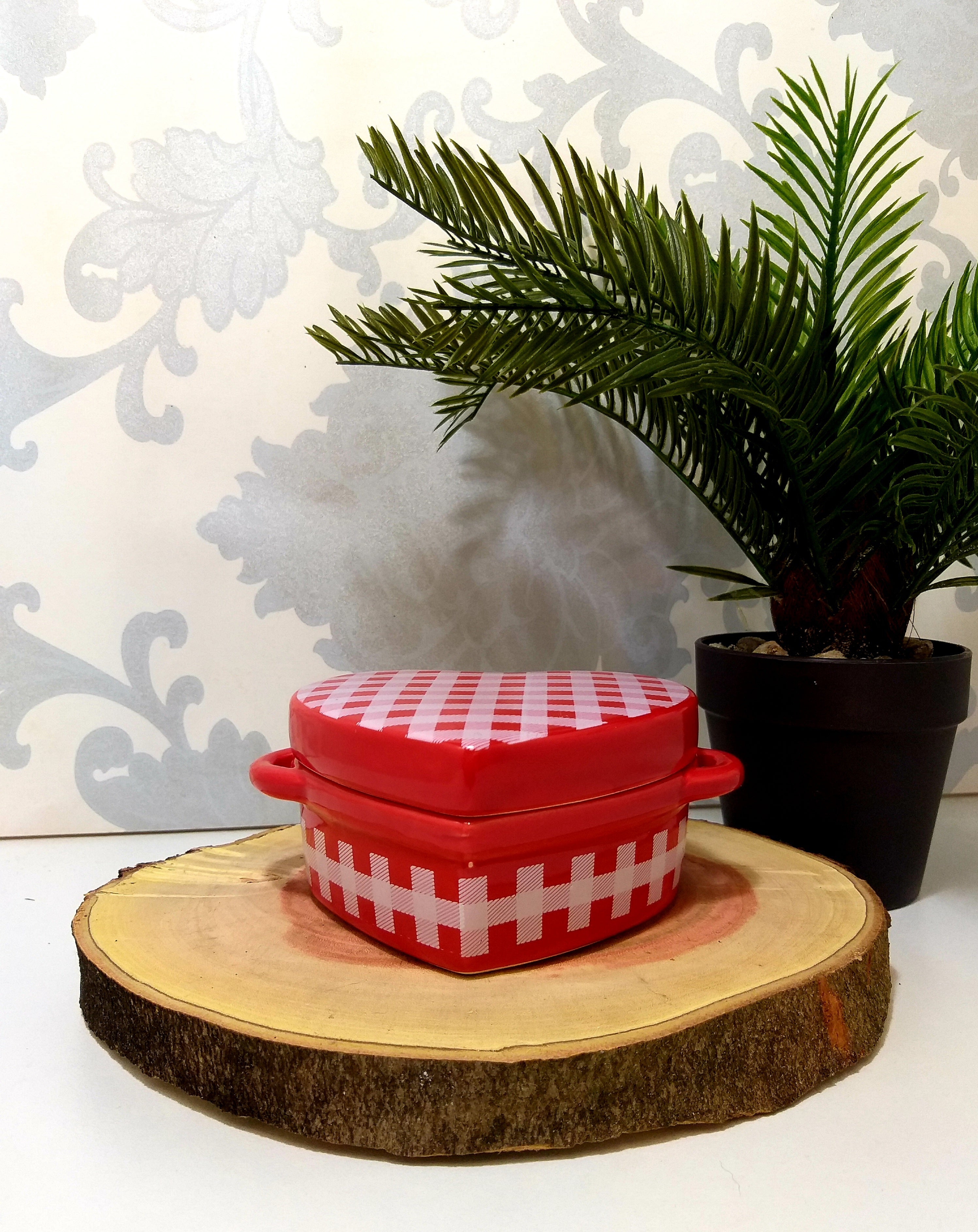 Heart Shaped Lidded Porcelain Bowl With Two Handles & Candle – Red Checkered Pattern