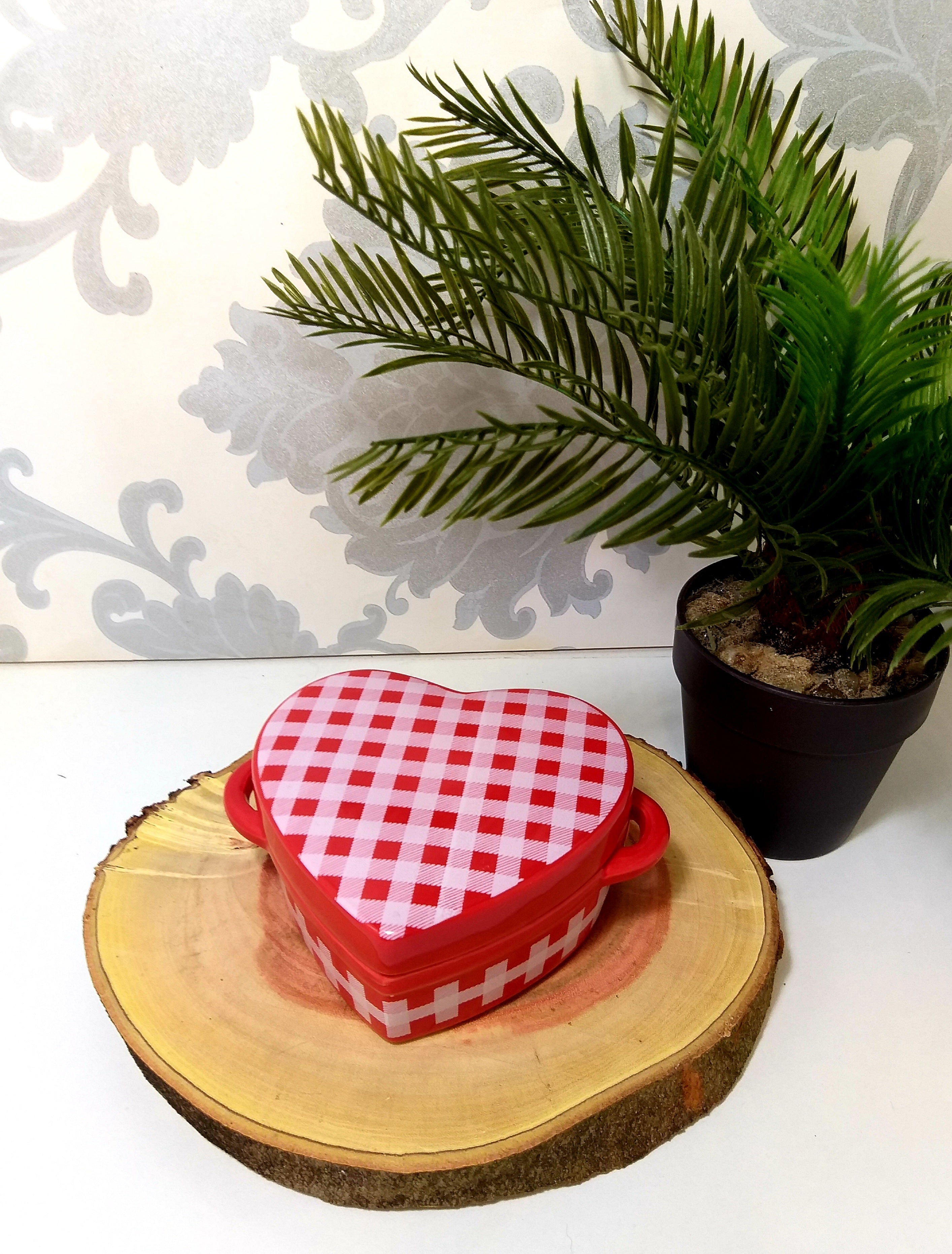 Heart Shaped Lidded Porcelain Bowl With Two Handles & Candle – Red Checkered Pattern