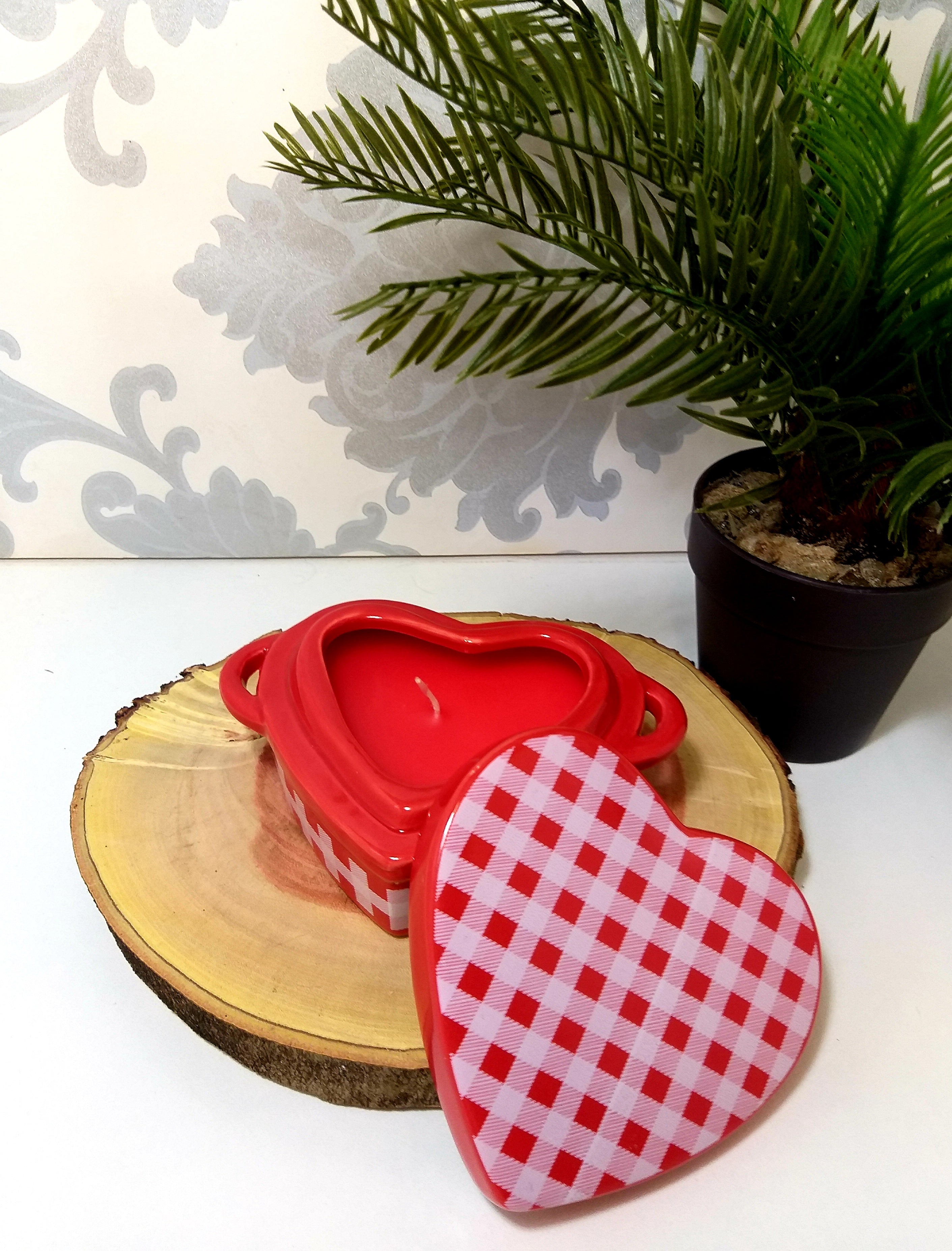 Heart Shaped Lidded Porcelain Bowl With Two Handles & Candle – Red Checkered Pattern