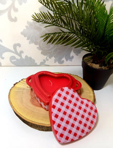 Heart Shaped Lidded Porcelain Bowl With Two Handles & Candle – Red Checkered Pattern