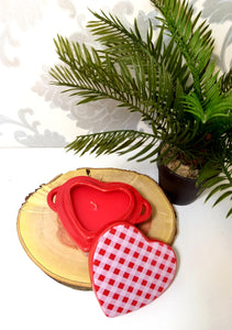 Heart Shaped Lidded Porcelain Bowl With Two Handles & Candle – Red Checkered Pattern