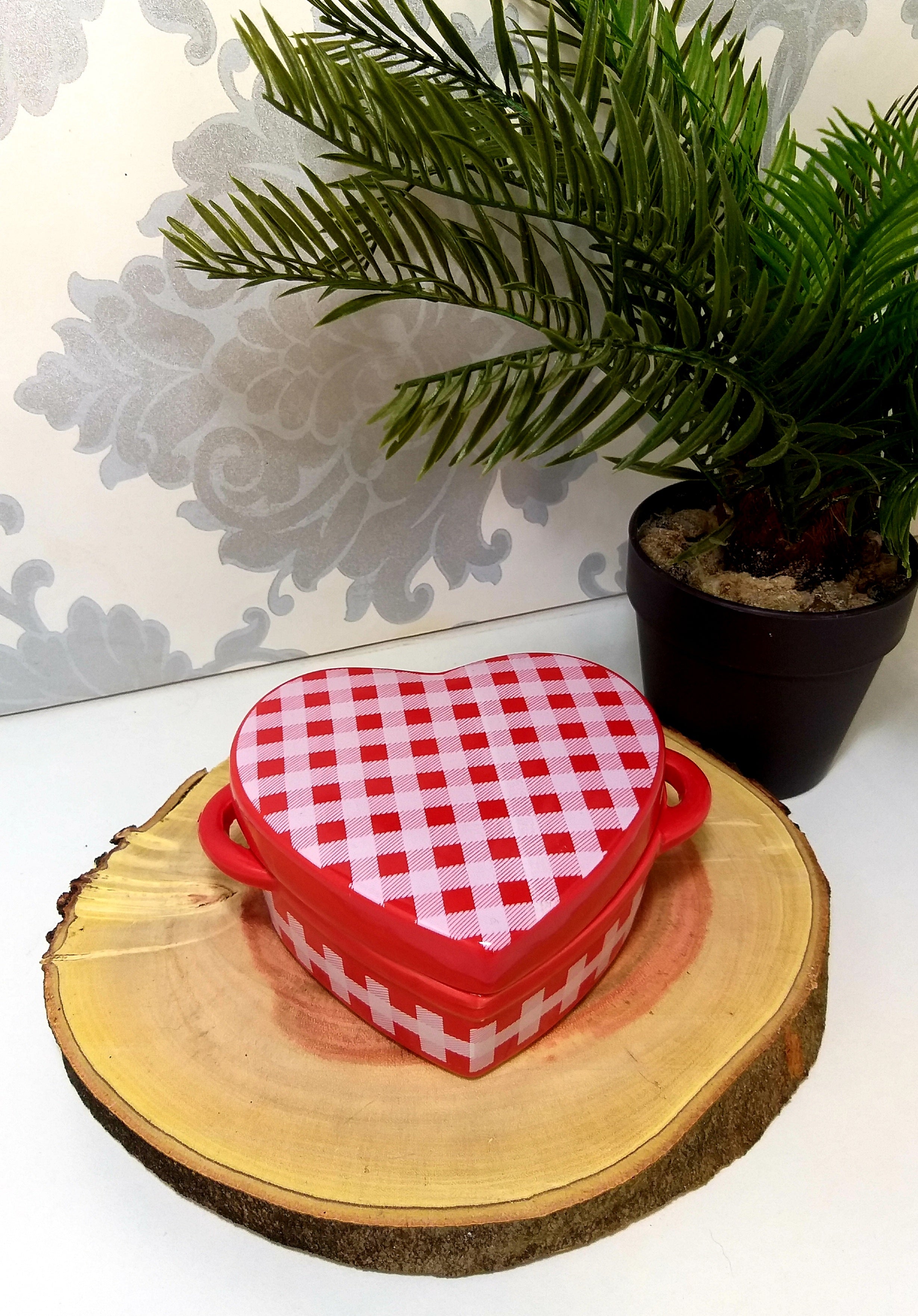 Heart Shaped Lidded Porcelain Bowl With Two Handles & Candle – Red Checkered Pattern