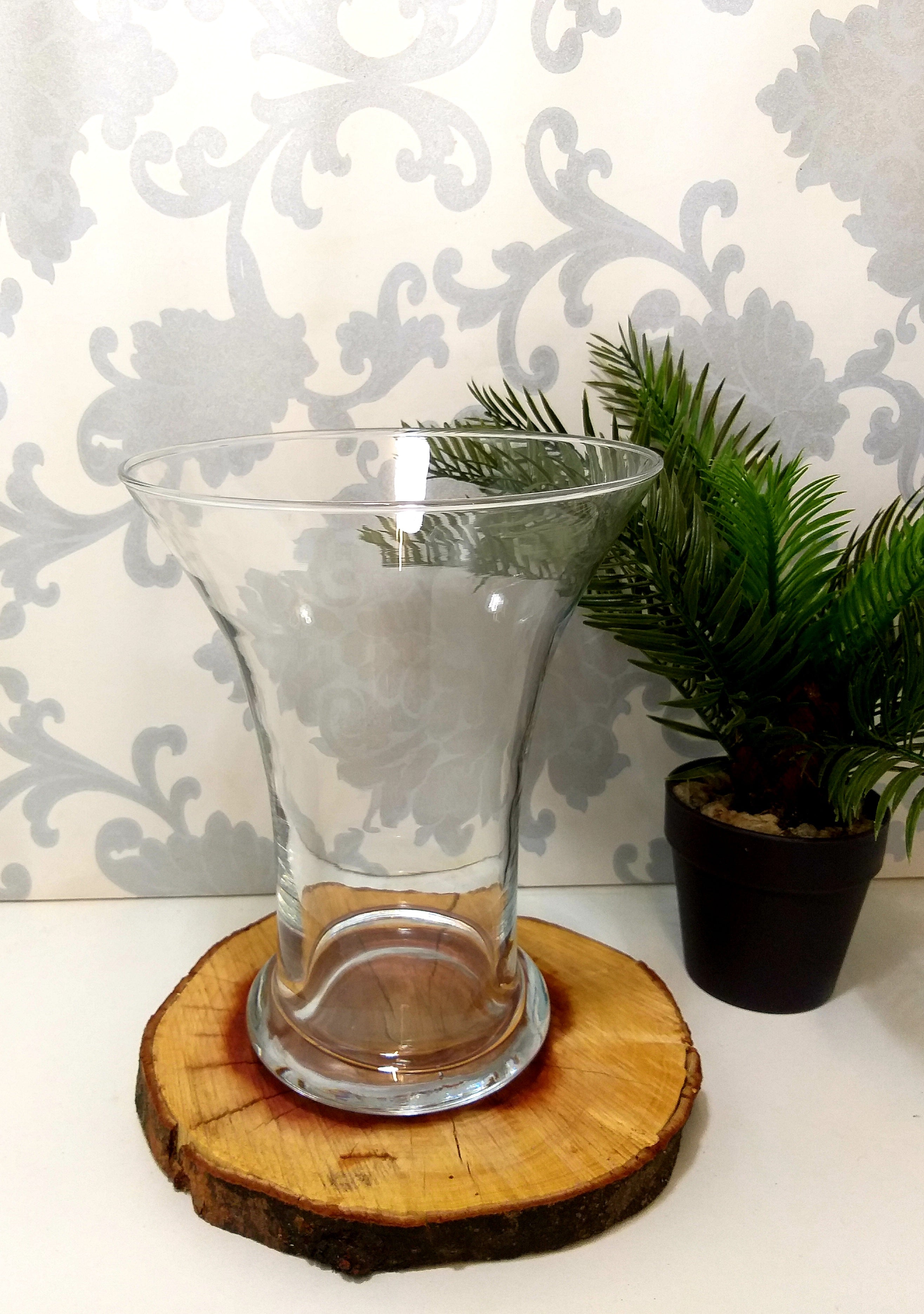 Clear Glass Fluted Flower Vase With Thick Rolled Base