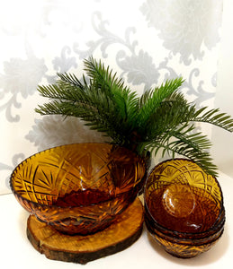 Vintage French Amber Glass Dessert Set – Pineapple & Sunburst Design