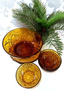 Vintage French Amber Glass Dessert Set – Pineapple & Sunburst Design