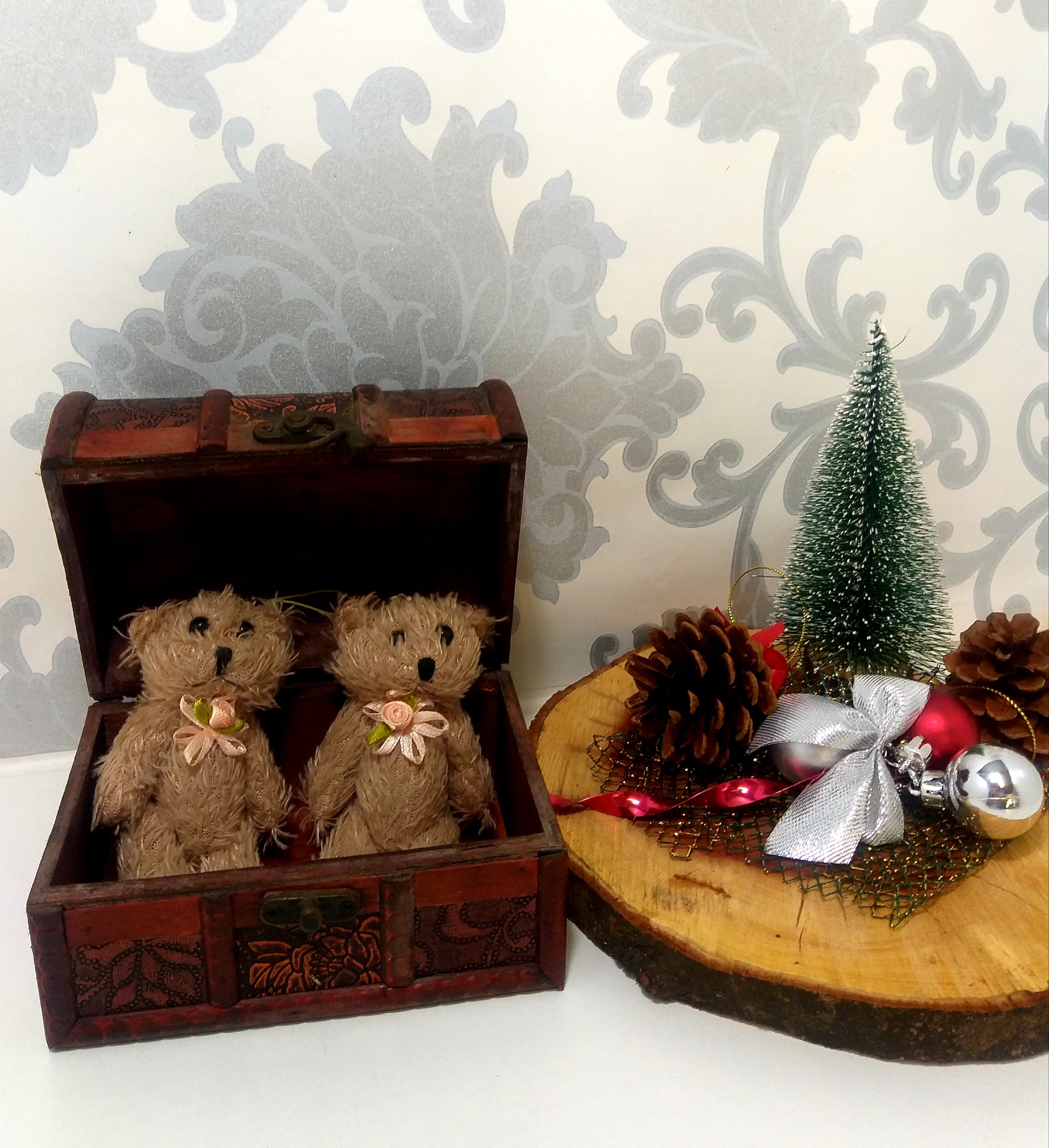 2 Small Vintage Teddy Bears In A Clad Wooden Chest