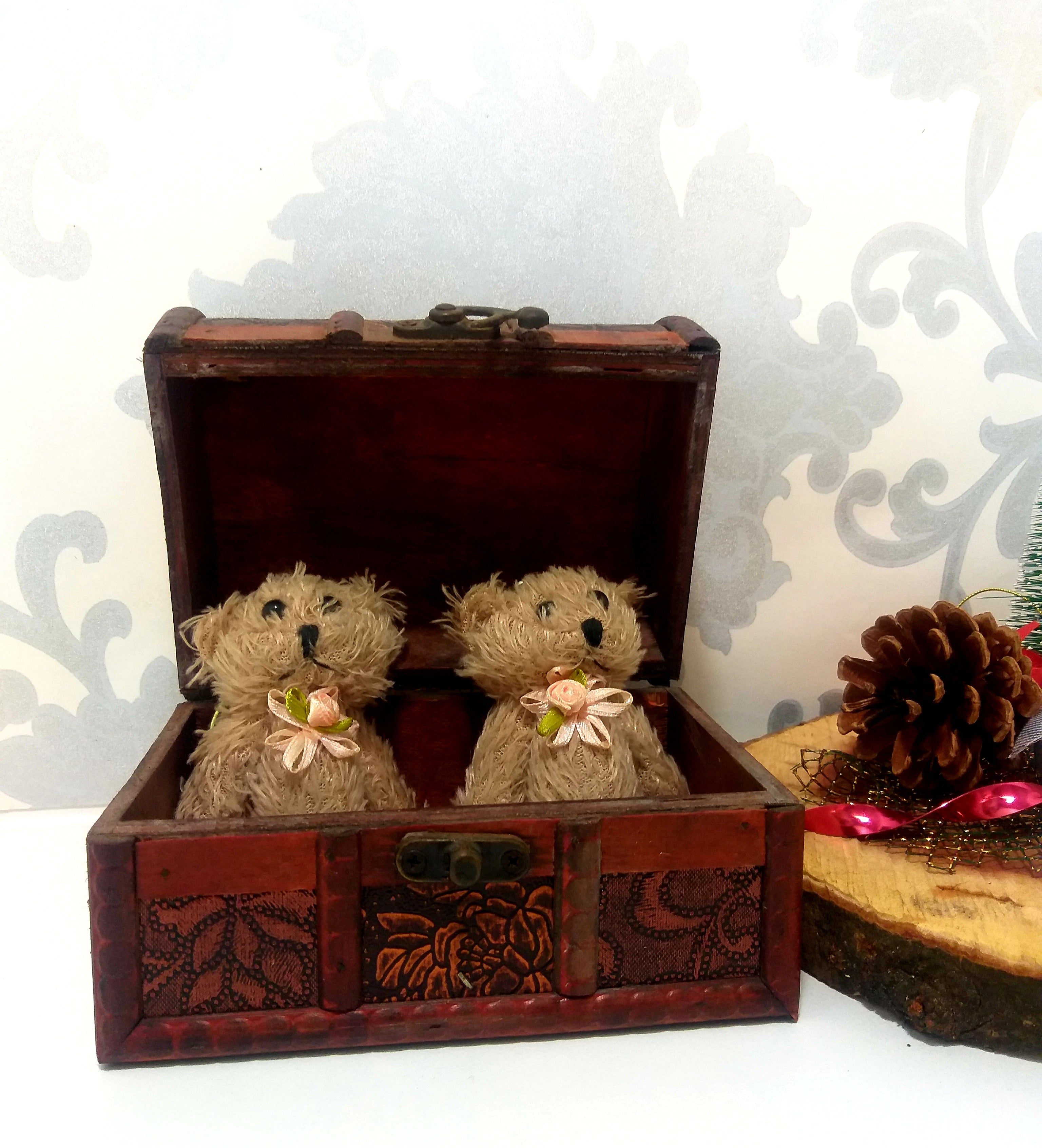 2 Small Vintage Teddy Bears In A Clad Wooden Chest