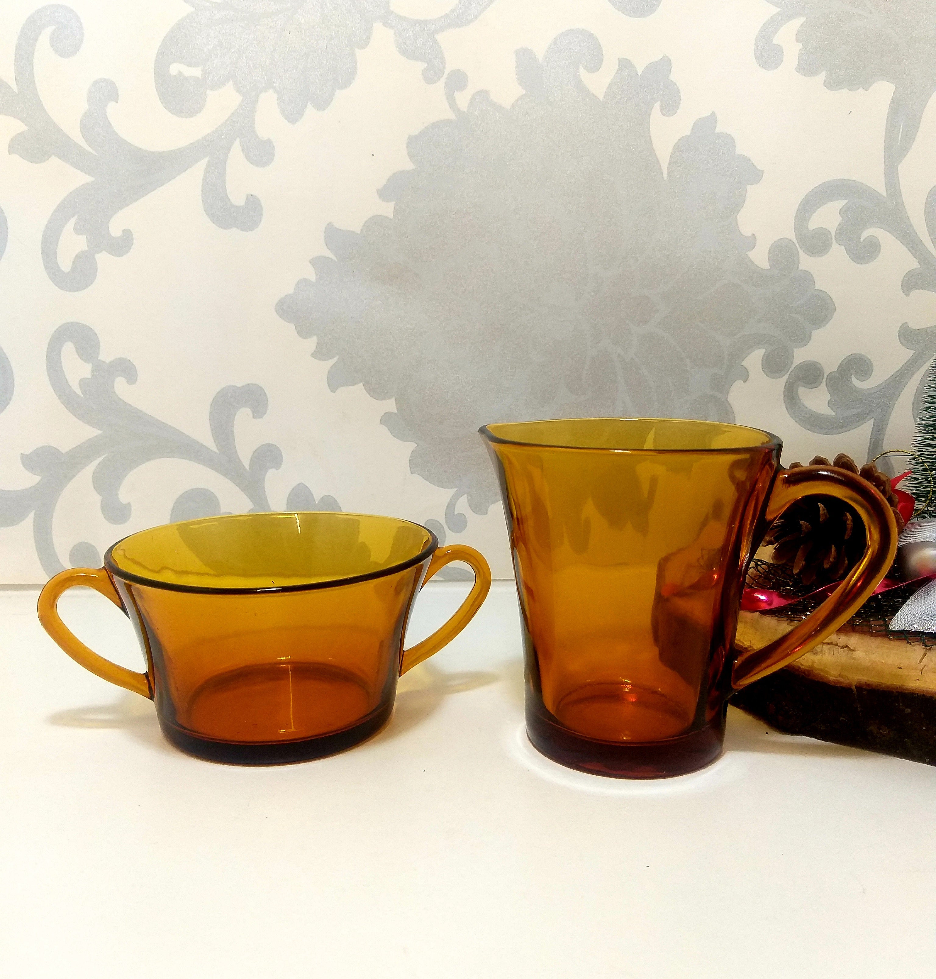 French Amber Duralex Mil Jug / Creamer & Two-Handled Open Sugar Bowl