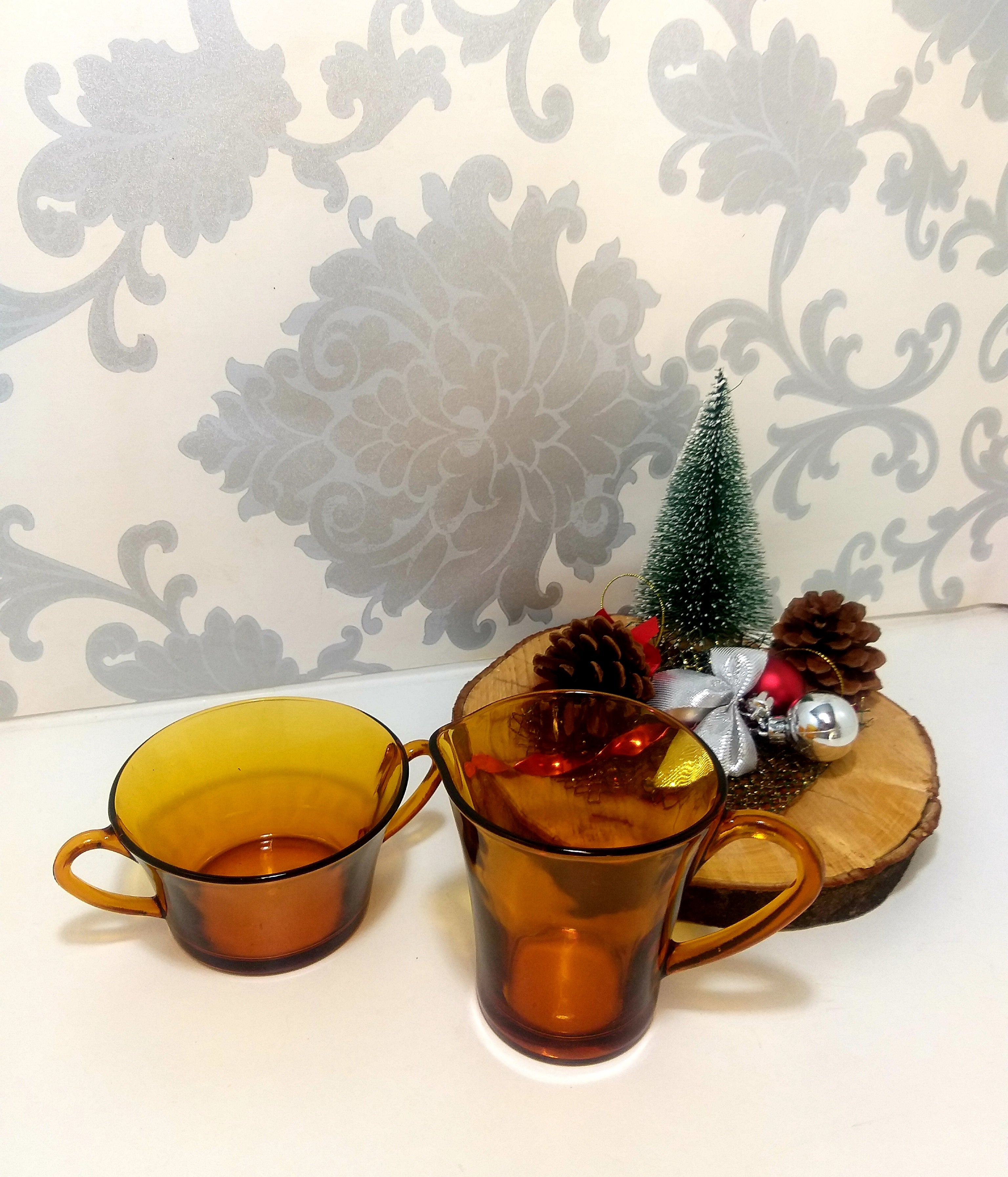 French Amber Duralex Mil Jug / Creamer & Two-Handled Open Sugar Bowl