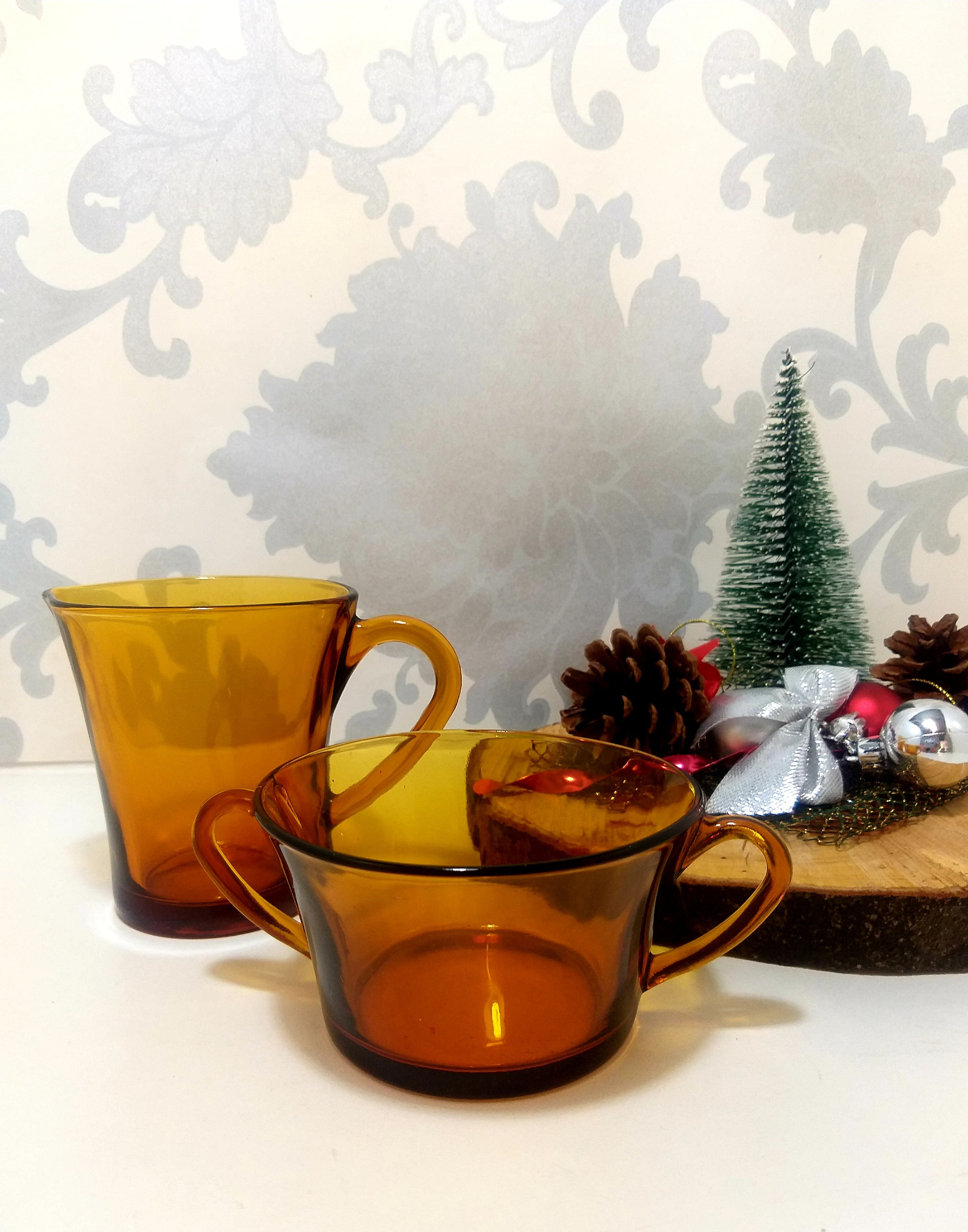 French Amber Duralex Mil Jug / Creamer & Two-Handled Open Sugar Bowl