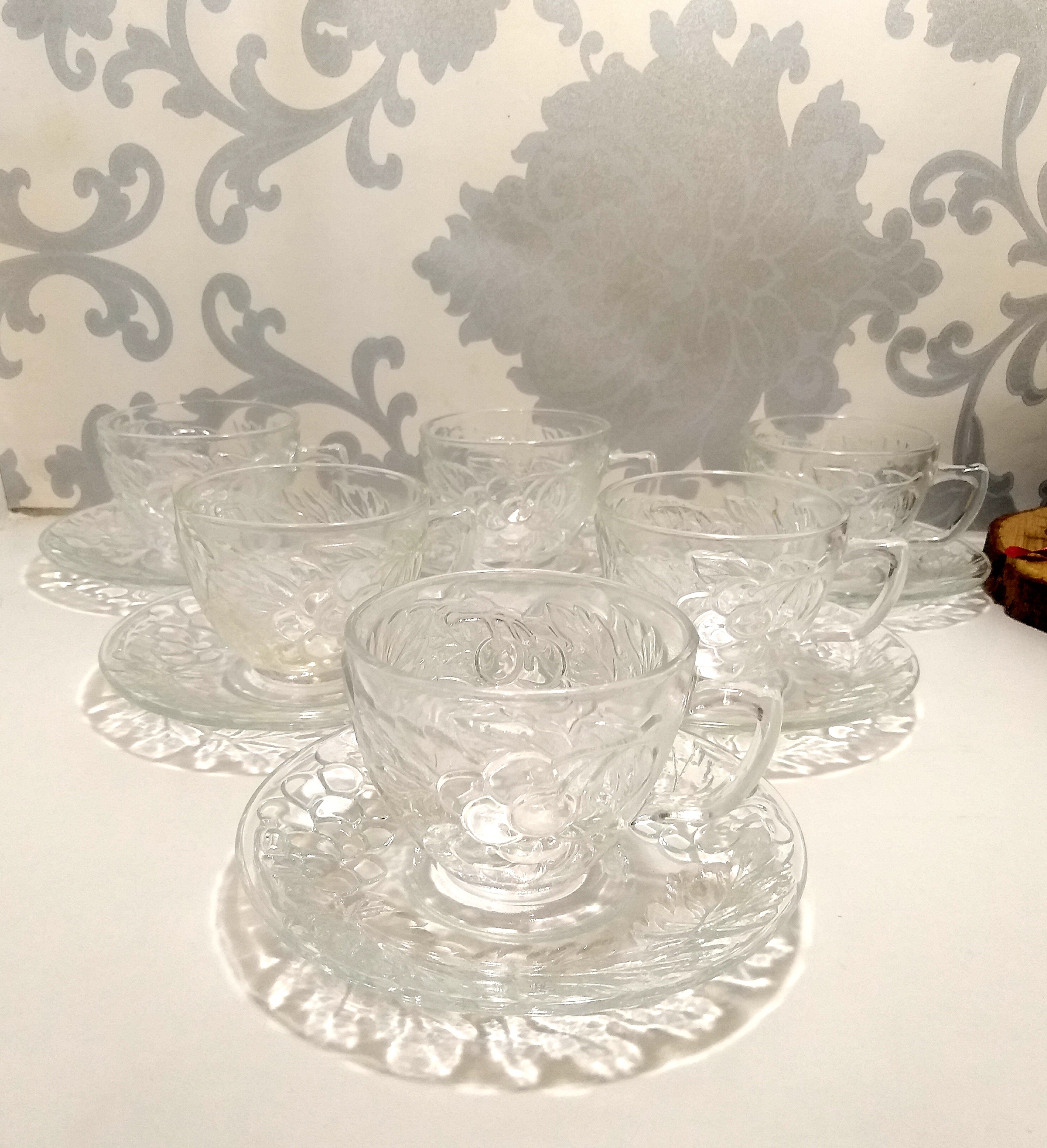 Indonesian Set Of 6 Clear Glass Duos (Cups And Saucers) With Grape And Grape Leaf Design