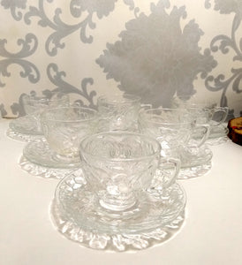 Indonesian Set Of 6 Clear Glass Duos (Cups And Saucers) With Grape And Grape Leaf Design